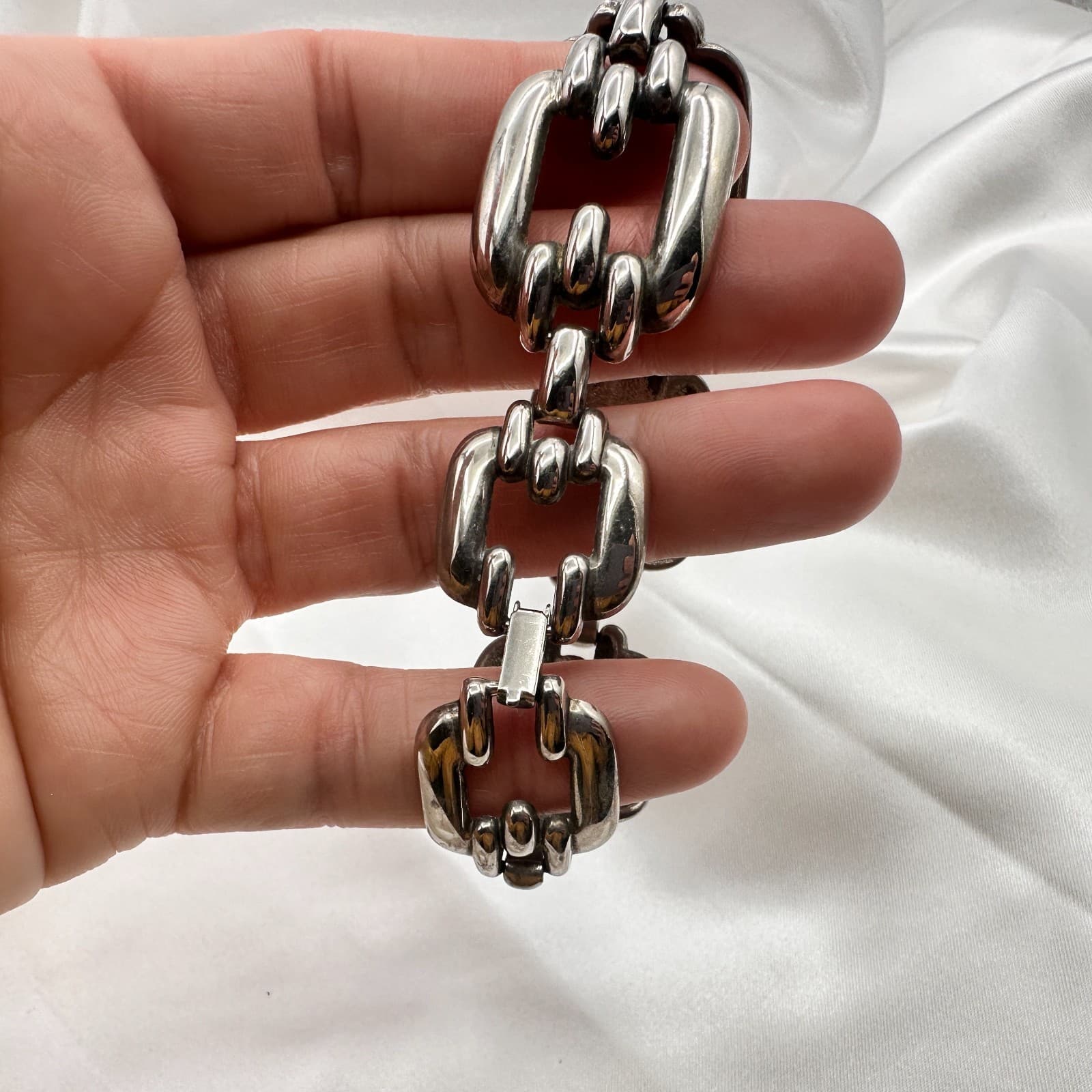 Vintage 80s Silver Tone Chunky Link Bracelet Bold Statement Geometric Modernist - Thumbnail 8