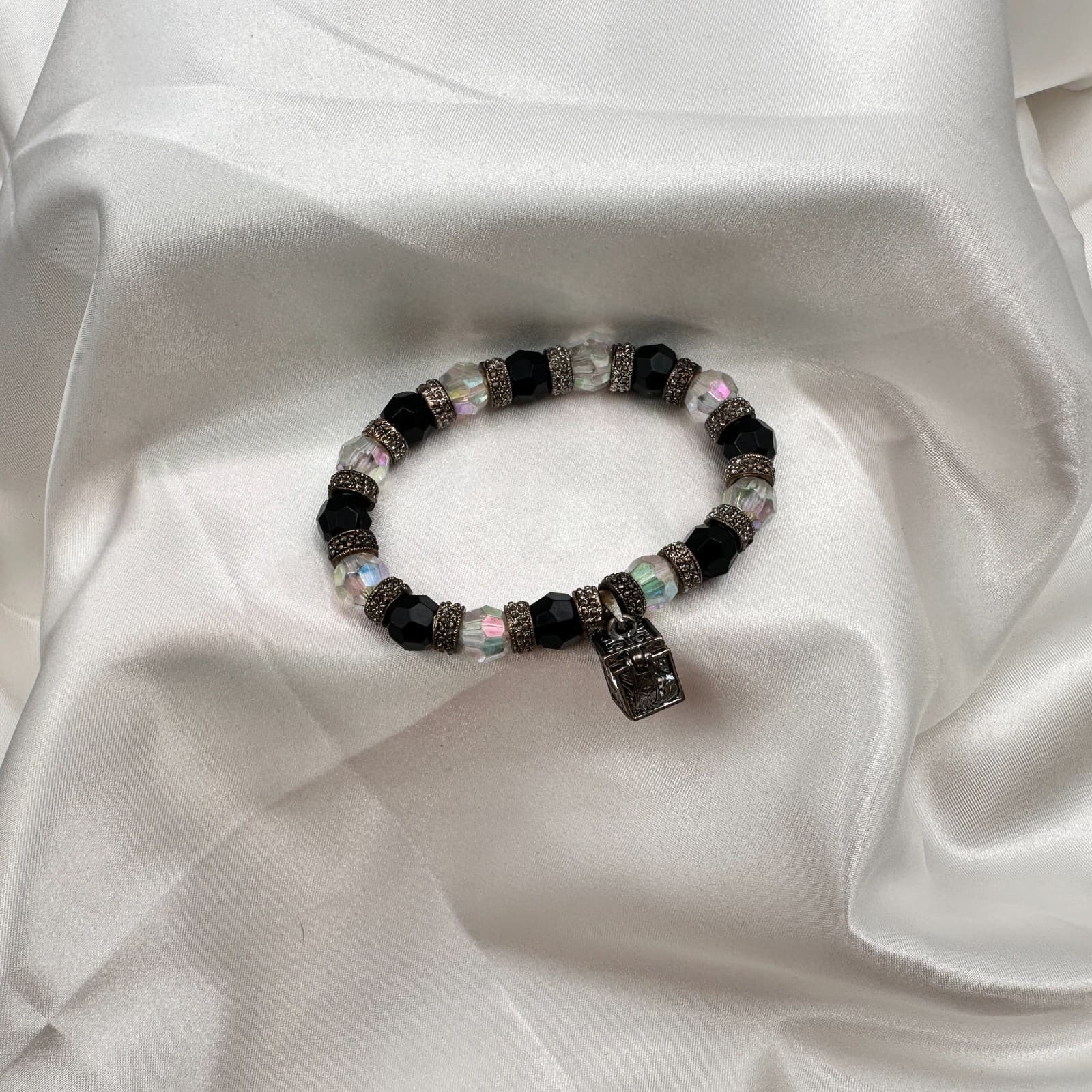 Vintage 90s Glass Bead Silver Tone Locket Charm Bracelet Boho Fashion Jewelry - Thumbnail 6