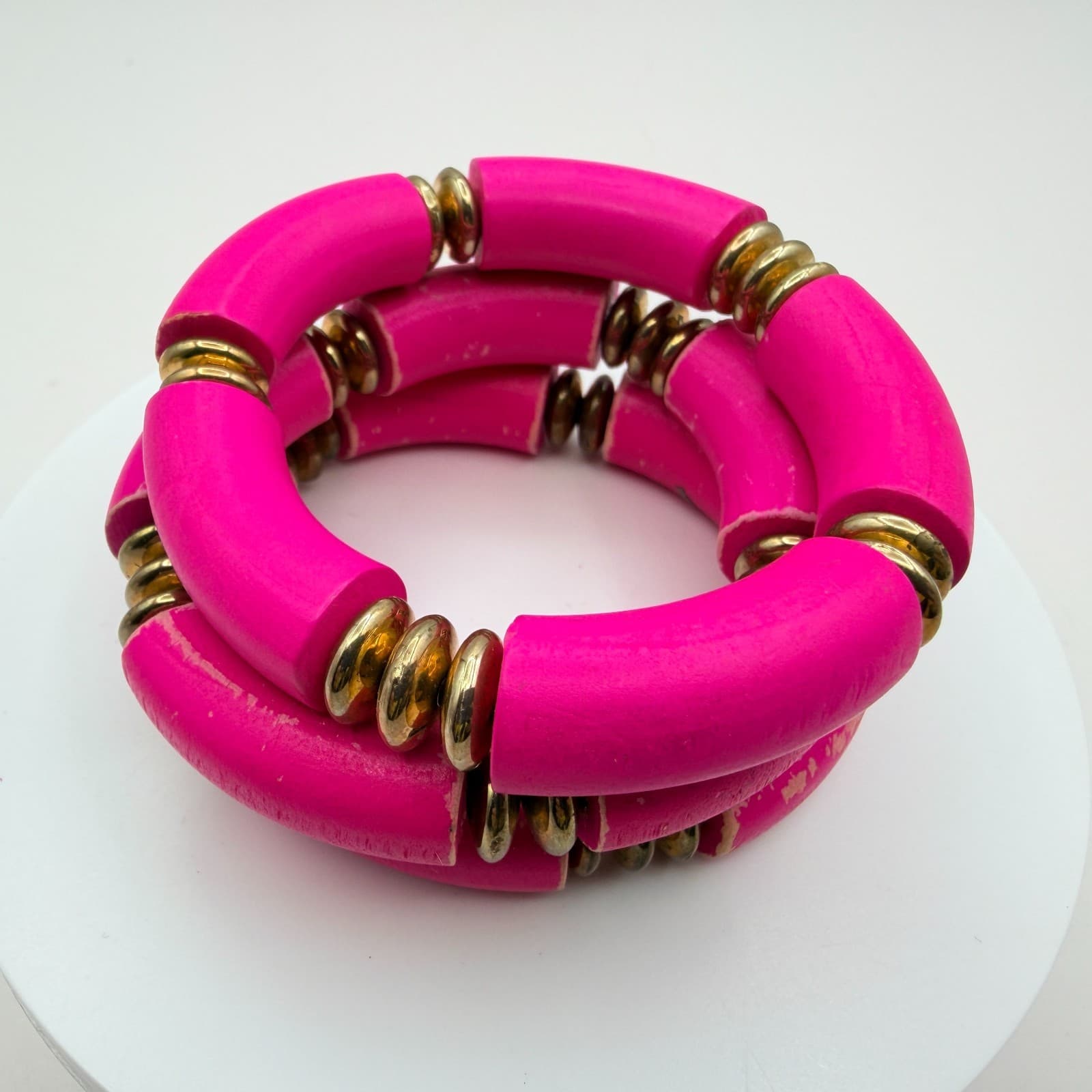 Vintage 90s Hot Pink Tube Beaded Stretch Bracelet Set 3pc Gold Tone Jewelry - Thumbnail 7