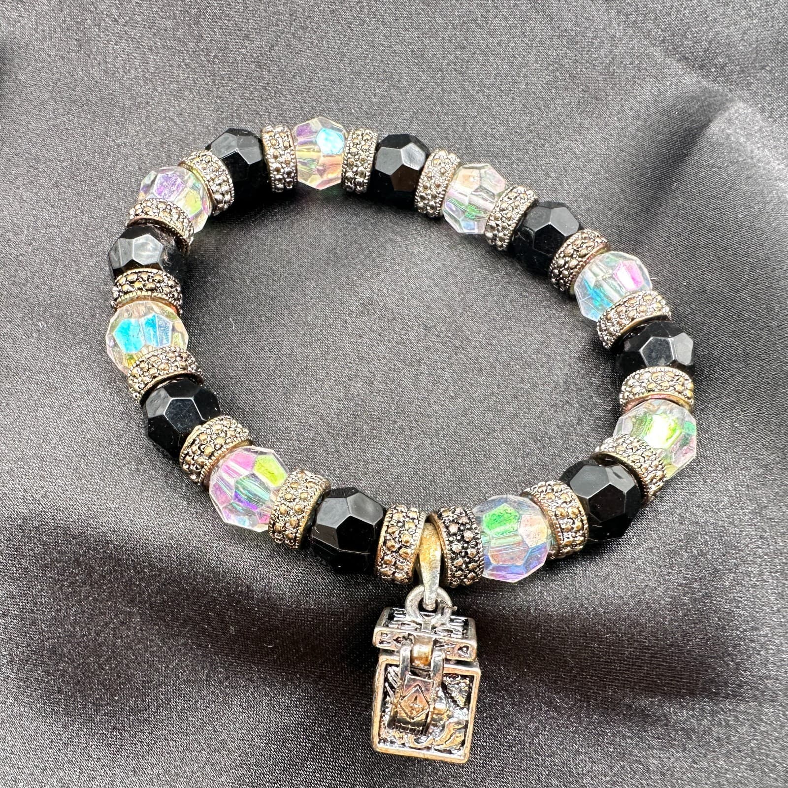 Vintage 90s Glass Bead Silver Tone Locket Charm Bracelet Boho Fashion Jewelry - Thumbnail 7