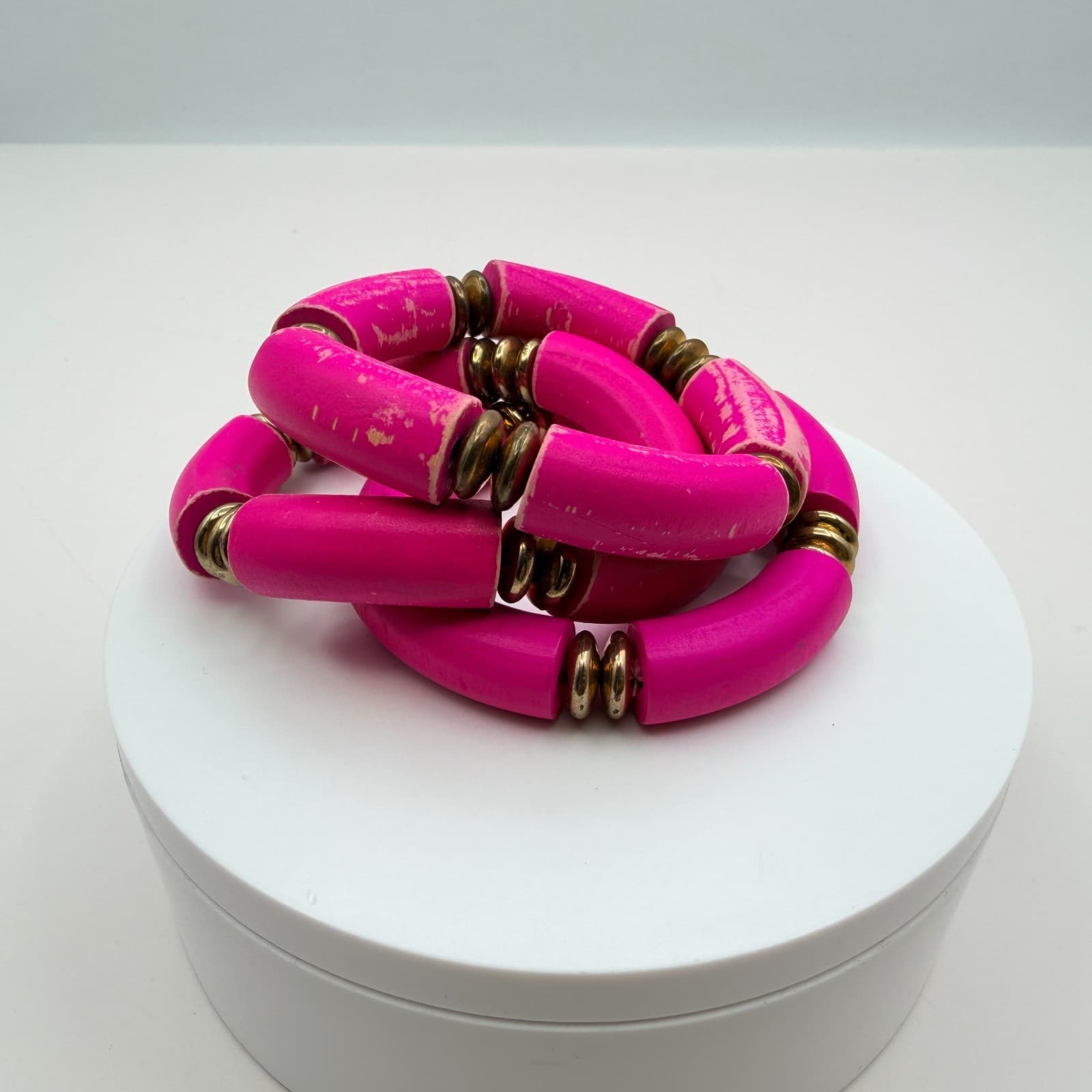 Vintage 90s Hot Pink Tube Beaded Stretch Bracelet Set 3pc Gold Tone Jewelry - Thumbnail 2