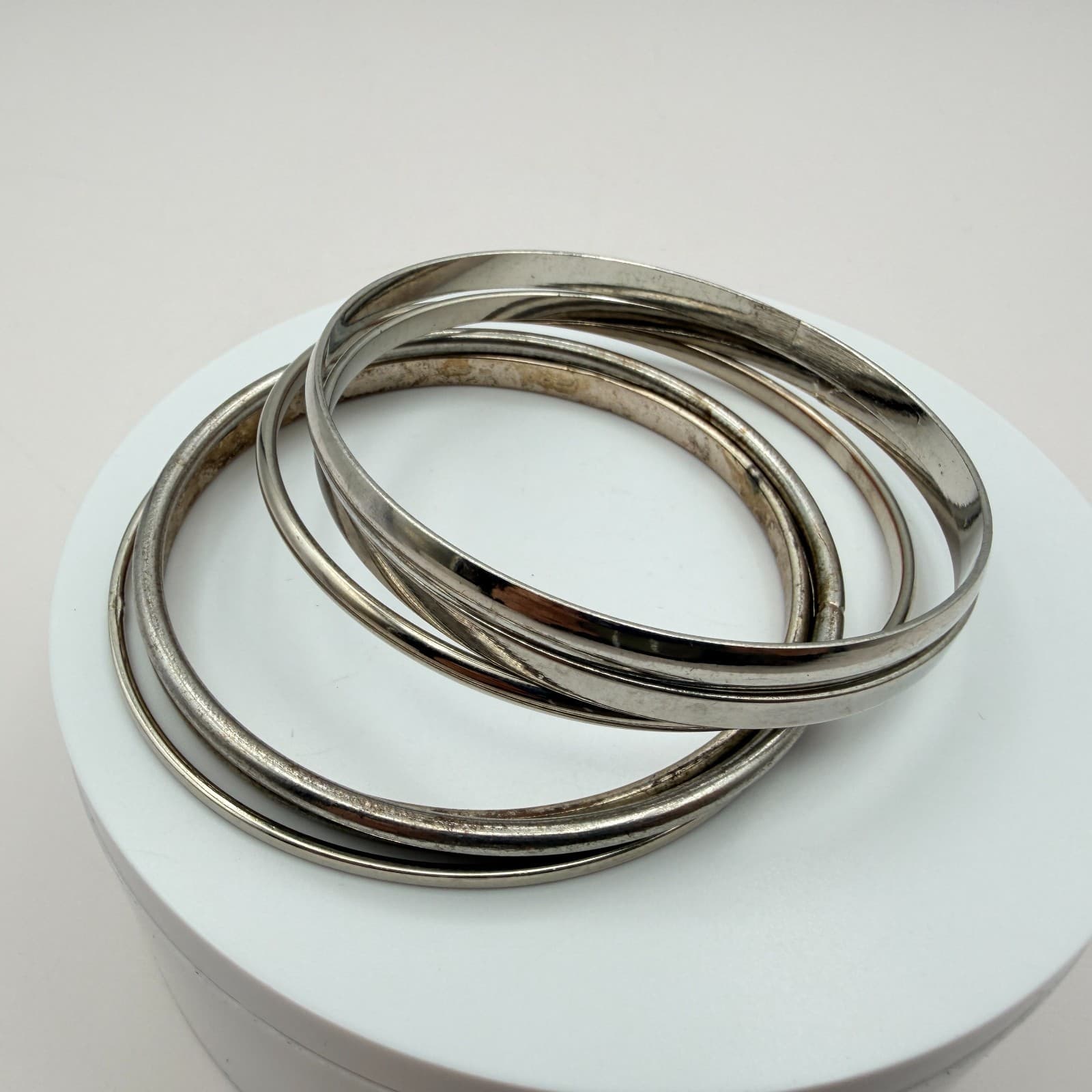 Vintage 90s Silver Tone Minimalist Bangles Set Women's Classic Fashion Jewelry - Thumbnail 4