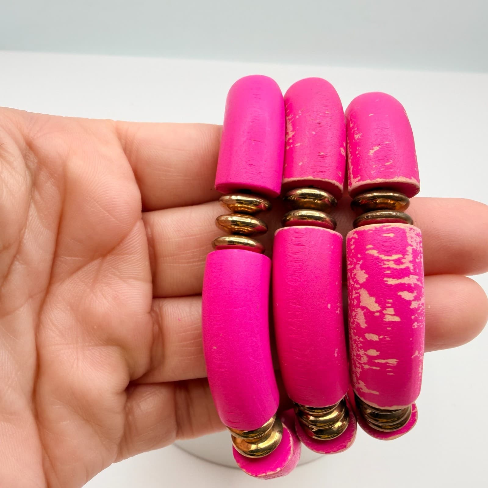 Vintage 90s Hot Pink Tube Beaded Stretch Bracelet Set 3pc Gold Tone Jewelry - Thumbnail 11