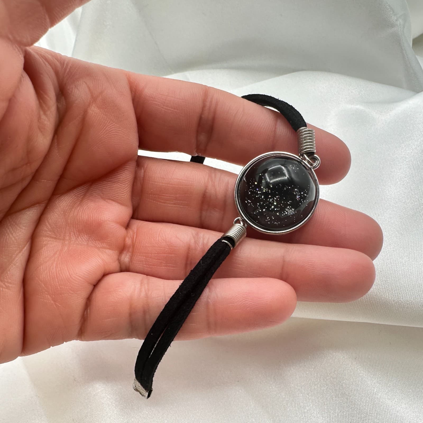 Vintage Y2K Black Suede Cord Galaxy Glass Cabochon Bracelet Silver Tone Jewelry - Thumbnail 7