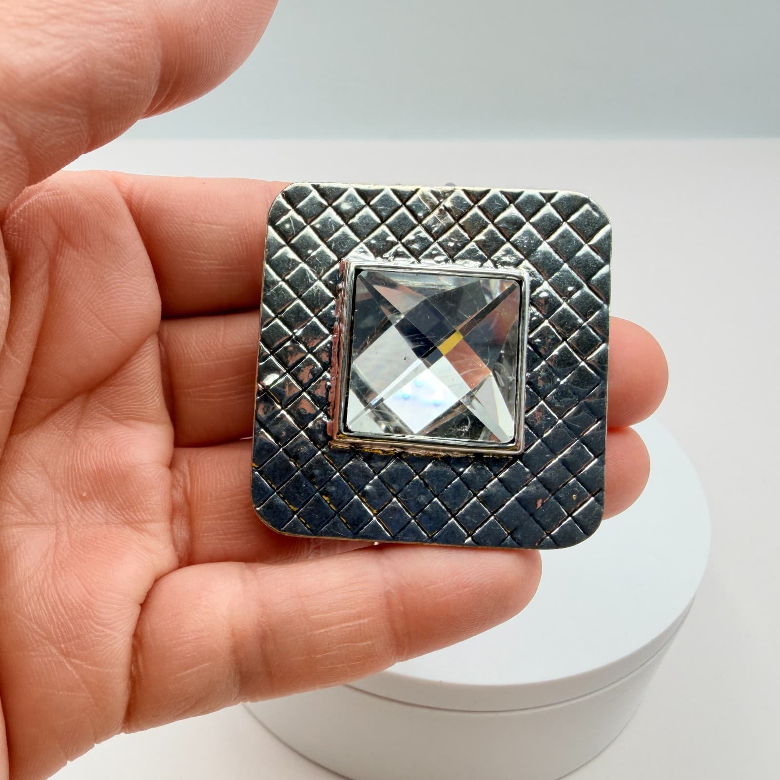 Vintage Y2K Clear Square Rhinestone Open Cuff Bracelet Silver Tone Jewelry - Thumbnail 9