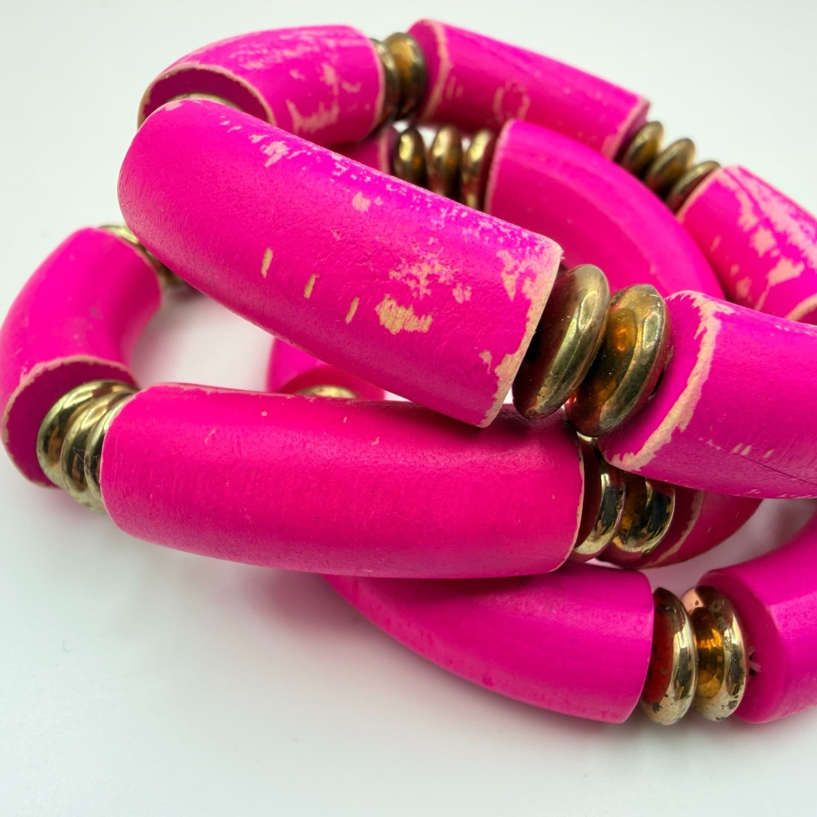 Vintage 90s Hot Pink Tube Beaded Stretch Bracelet Set 3pc Gold Tone Jewelry - Thumbnail 5