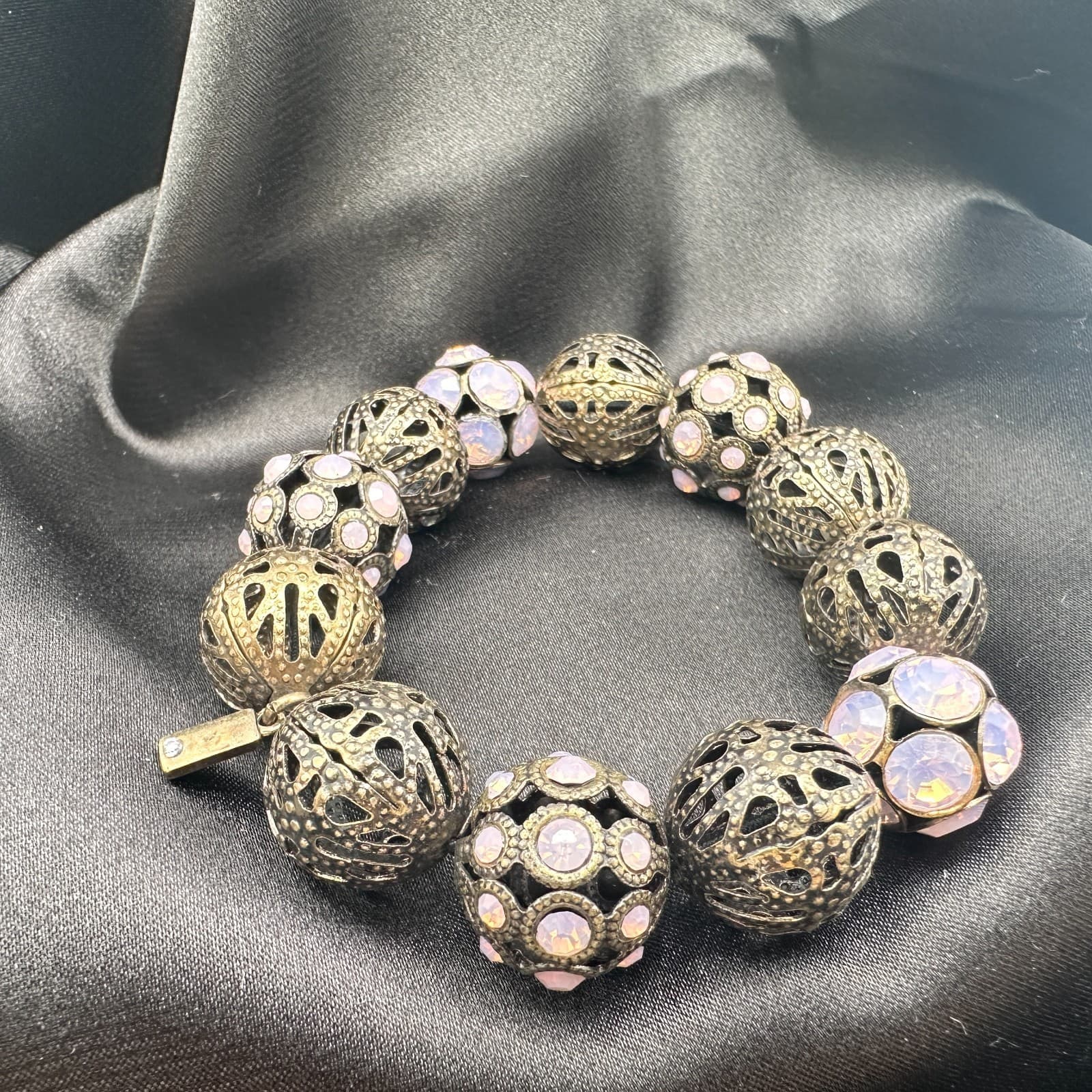 Vintage Y2K Pink Glass Brass Tone Filigree Beaded Stretch Bracelet Jewelry - Thumbnail 4
