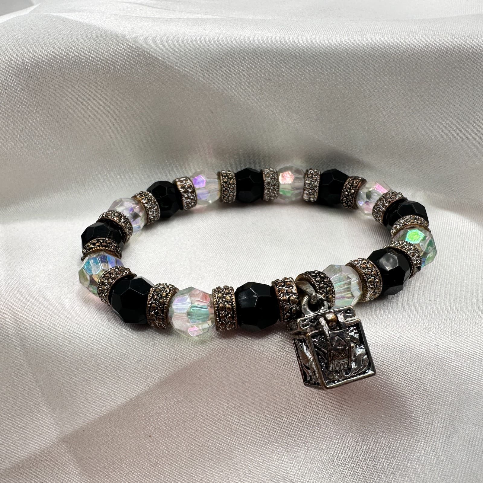 Vintage 90s Glass Bead Silver Tone Locket Charm Bracelet Boho Fashion Jewelry - Thumbnail 5