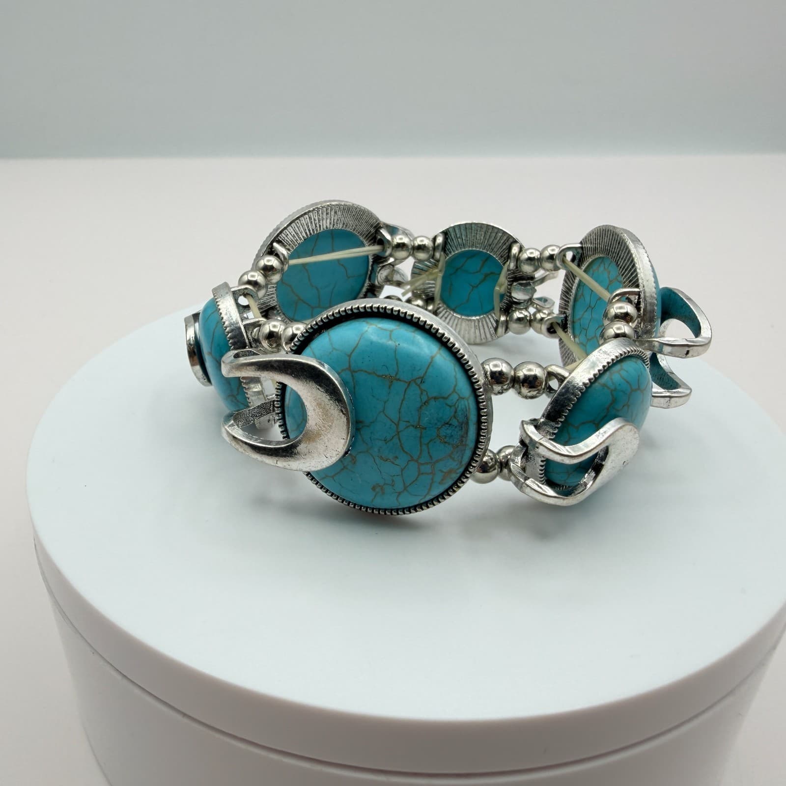 Vintage 90s Silver Tone Blue Faux Turquoise Statement Stretch Bracelet Boho - Image 1