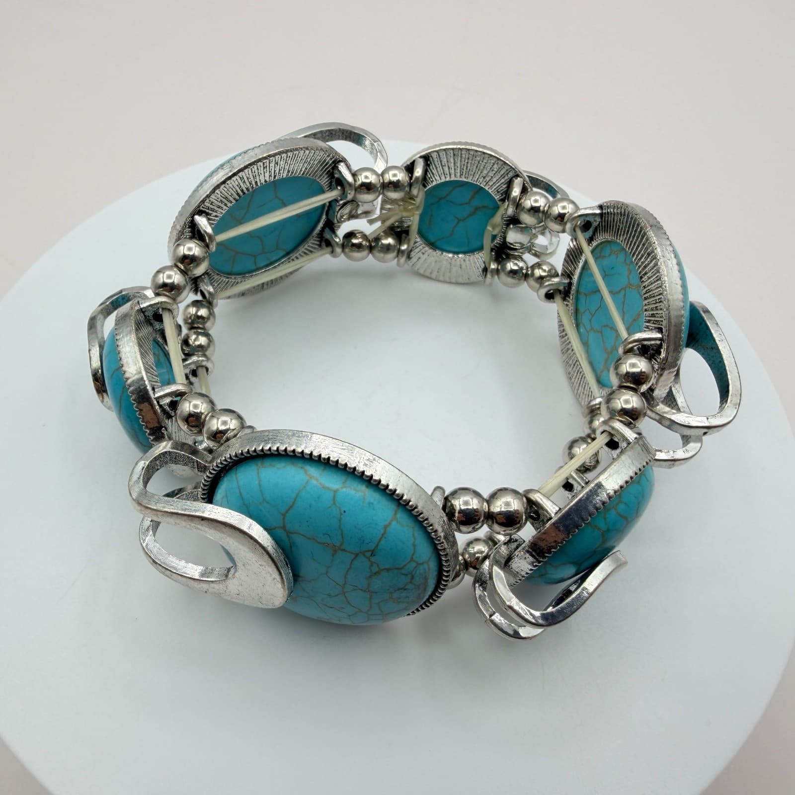 Vintage 90s Silver Tone Blue Faux Turquoise Statement Stretch Bracelet Boho - Thumbnail 6