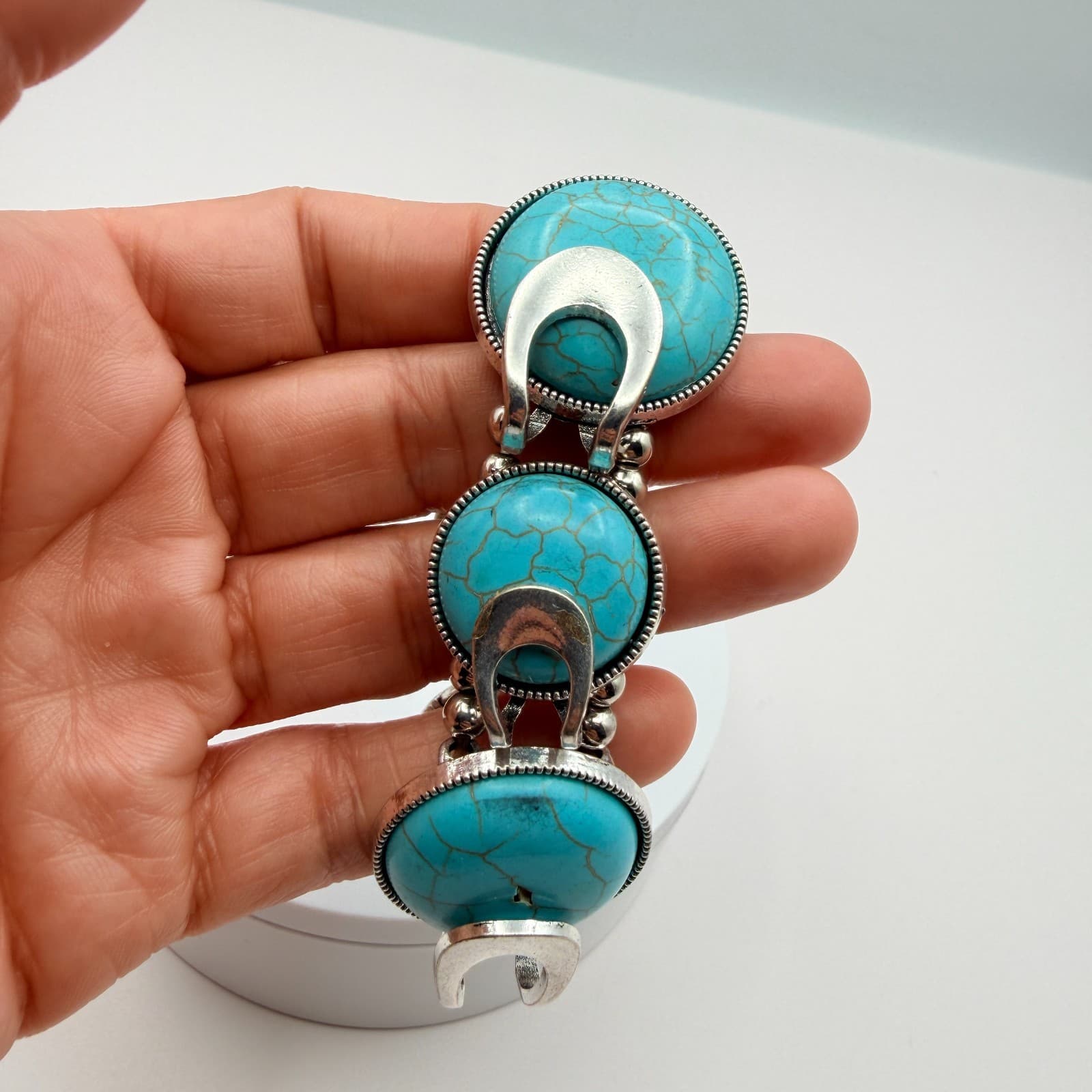 Vintage 90s Silver Tone Blue Faux Turquoise Statement Stretch Bracelet Boho - Thumbnail 7