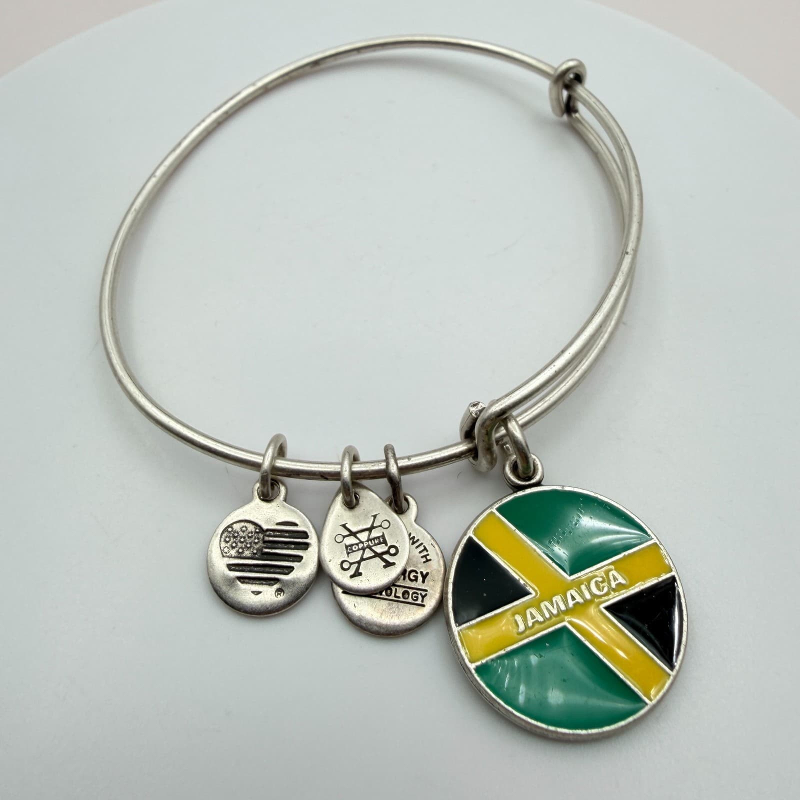 Vintage 90s Alex and Ani Jamaica Flag Charm Silver Tone Bangle Bracelet Retro - Image 1