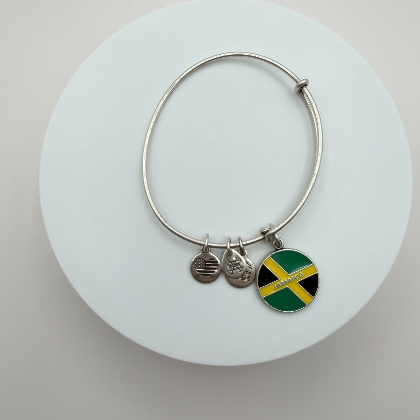 Vintage 90s Alex and Ani Jamaica Flag Charm Silver Tone Bangle Bracelet Retro - Thumbnail 2
