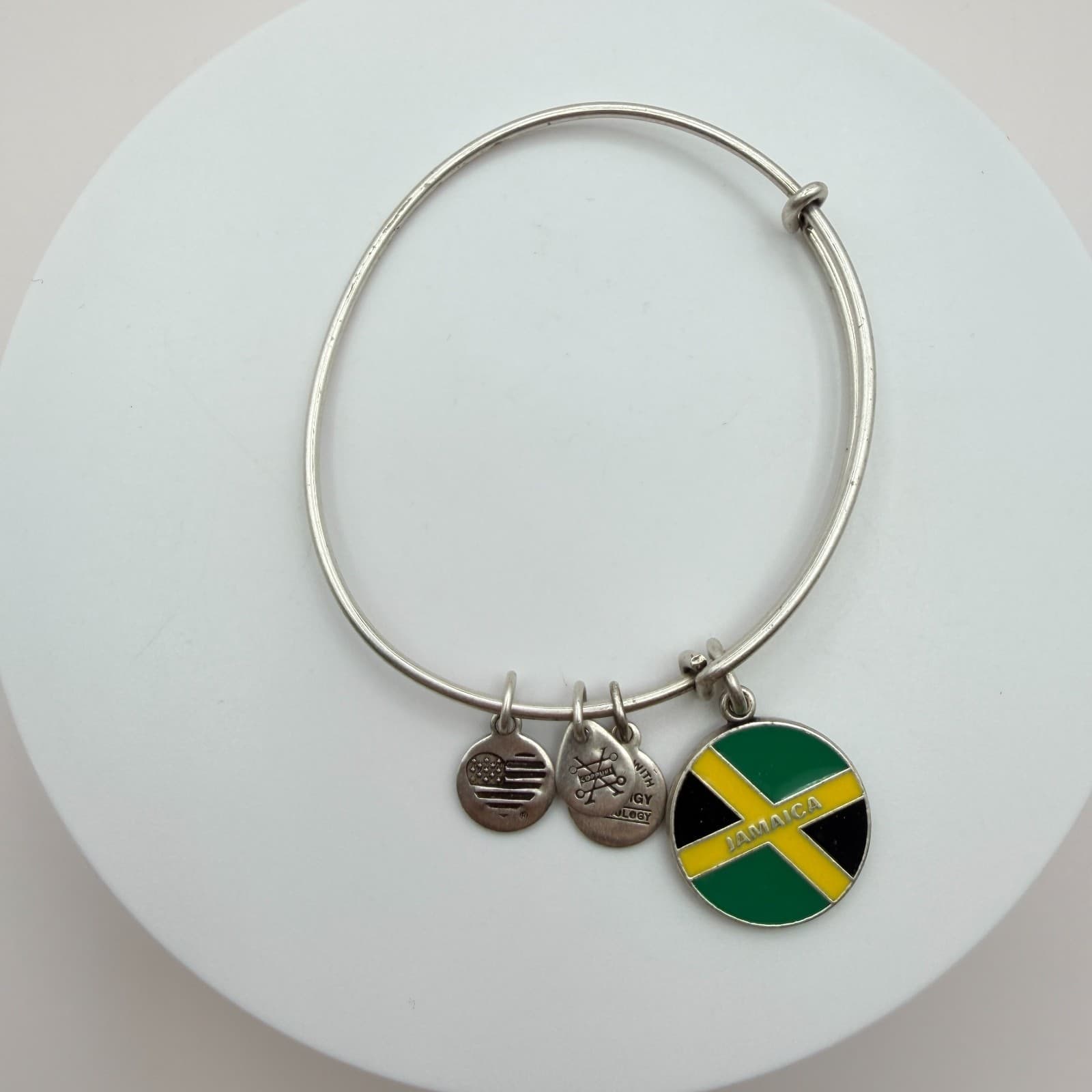 Vintage 90s Alex and Ani Jamaica Flag Charm Silver Tone Bangle Bracelet Retro - Thumbnail 3