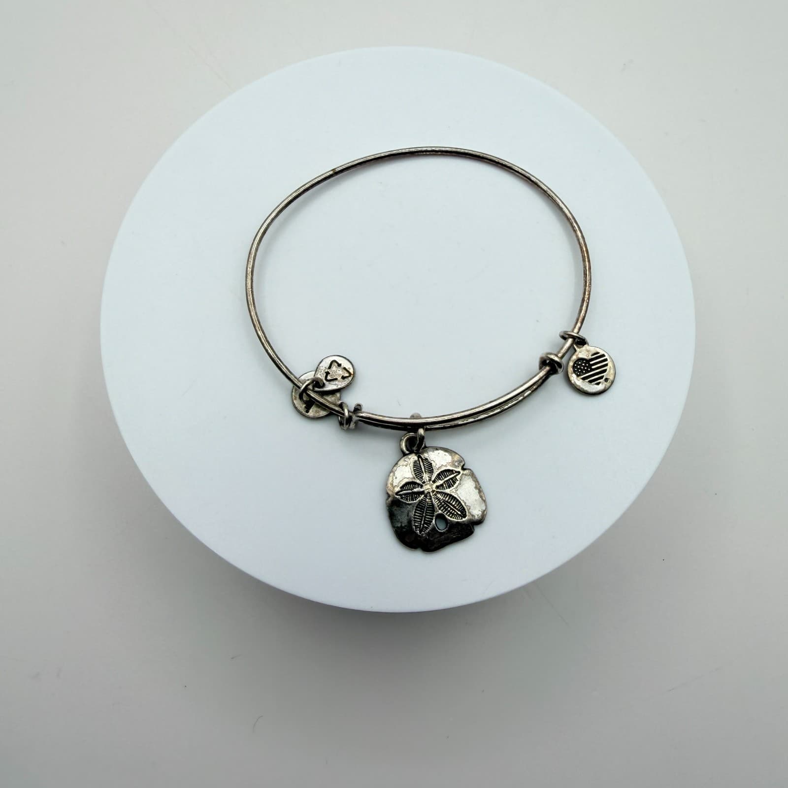 Vintage 90s Alex and Ani Sand Dollar Bangle Bracelet Silver Tone Coastal Jewelry - Thumbnail 2