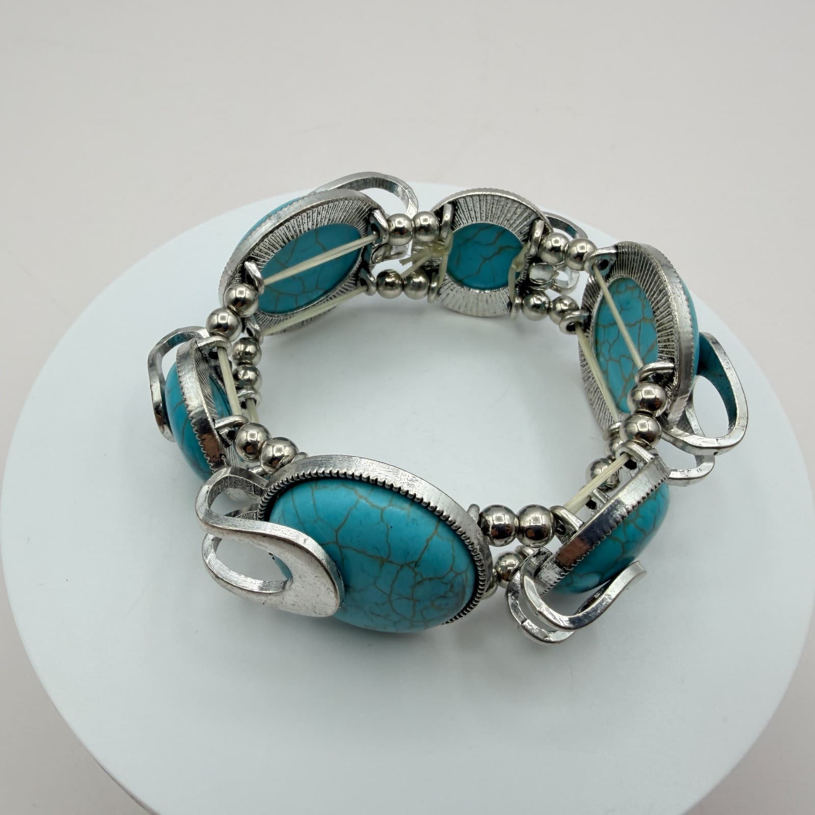 Vintage 90s Silver Tone Blue Faux Turquoise Statement Stretch Bracelet Boho - Thumbnail 2