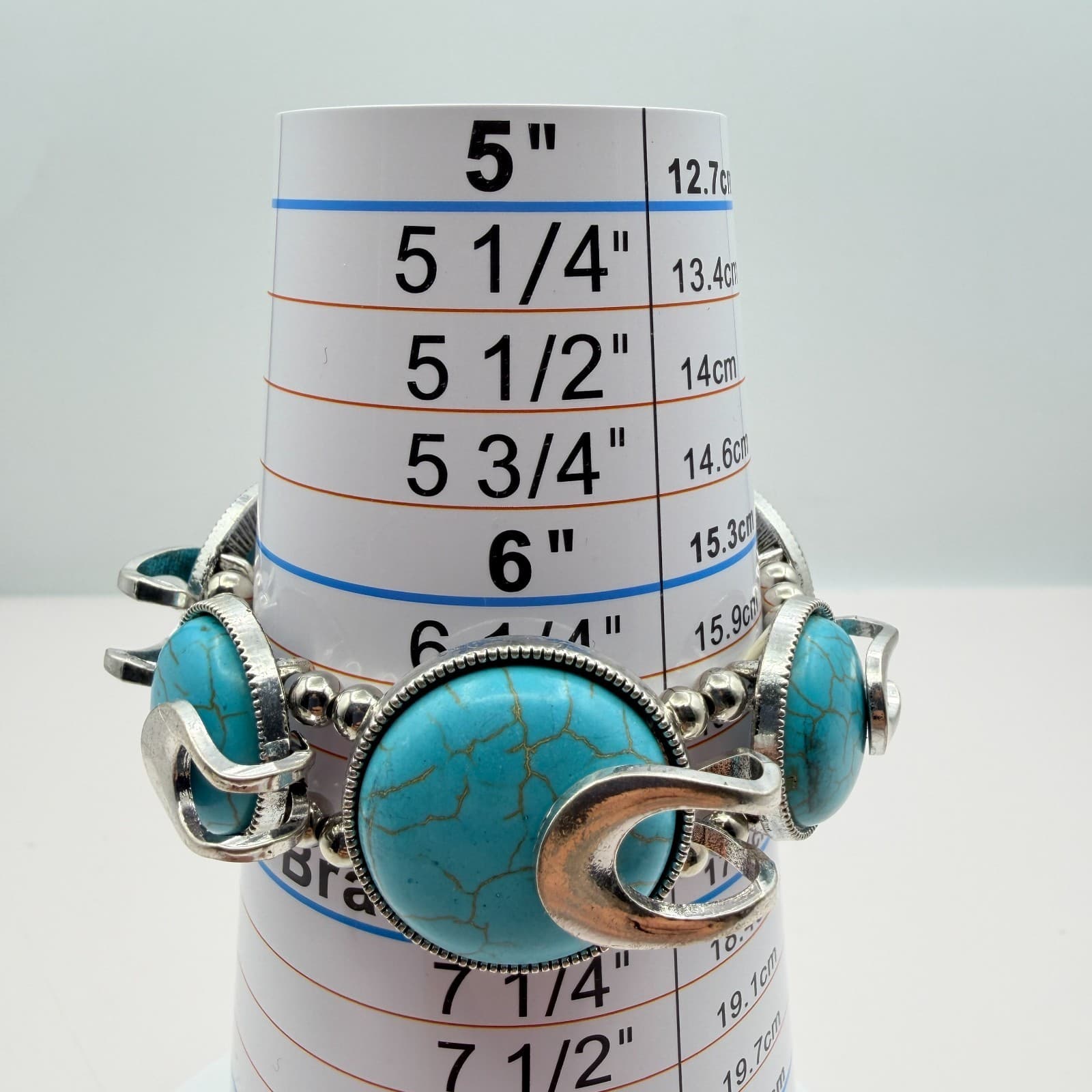 Vintage 90s Silver Tone Blue Faux Turquoise Statement Stretch Bracelet Boho - Thumbnail 8