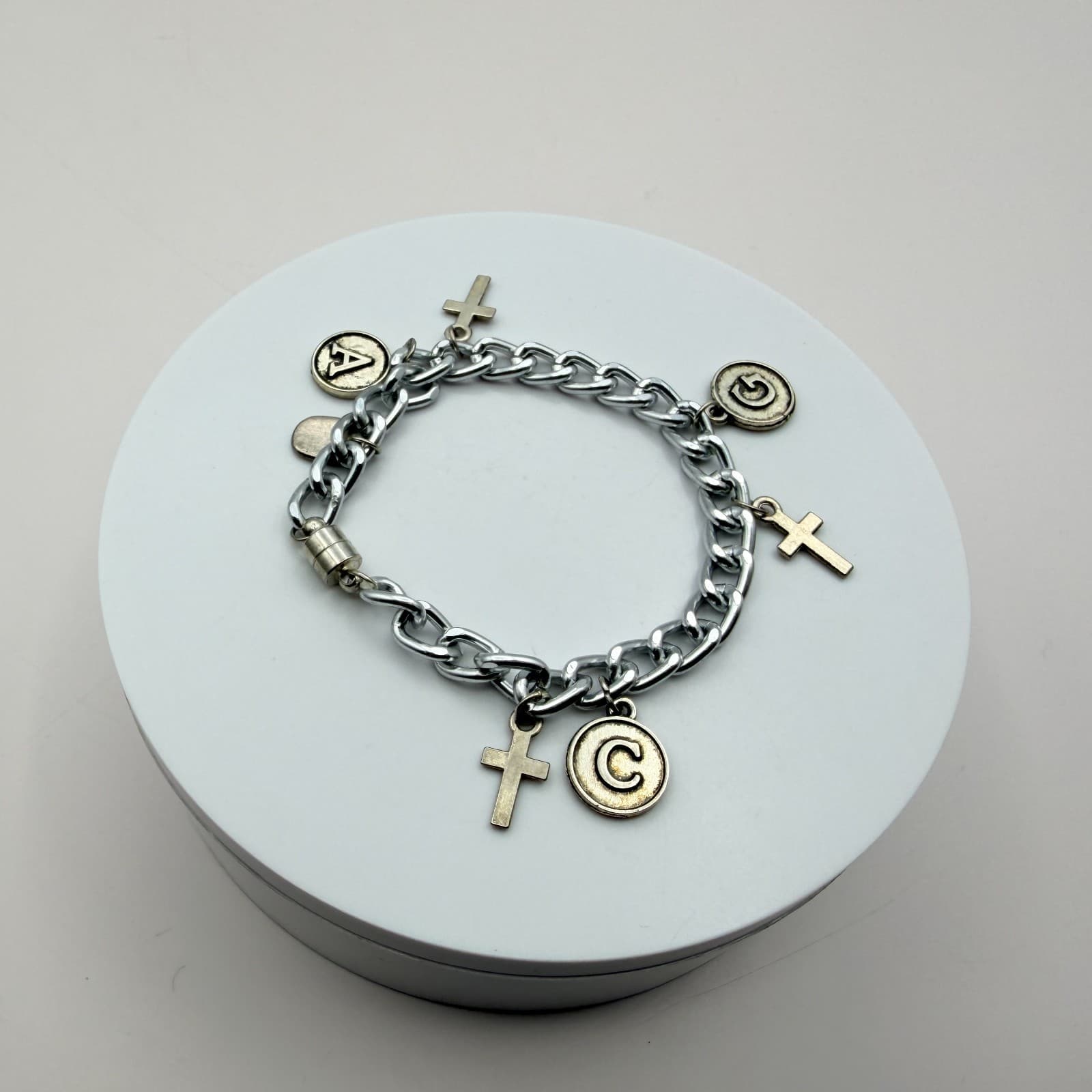 Vintage 90s Silver Tone Initial & Cross Charm Bracelet Magnetic Fashion Jewelry - Thumbnail 5