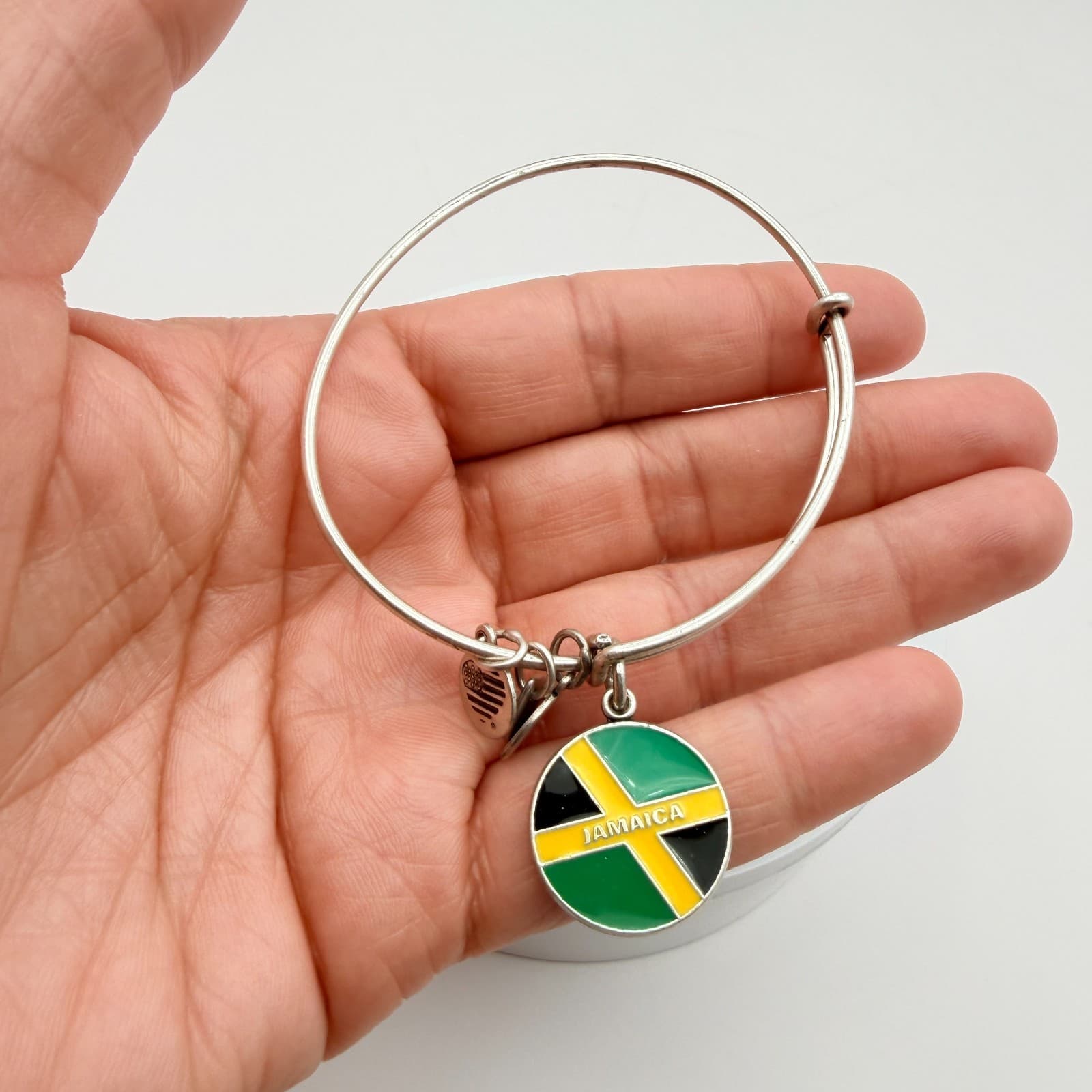 Vintage 90s Alex and Ani Jamaica Flag Charm Silver Tone Bangle Bracelet Retro - Thumbnail 6