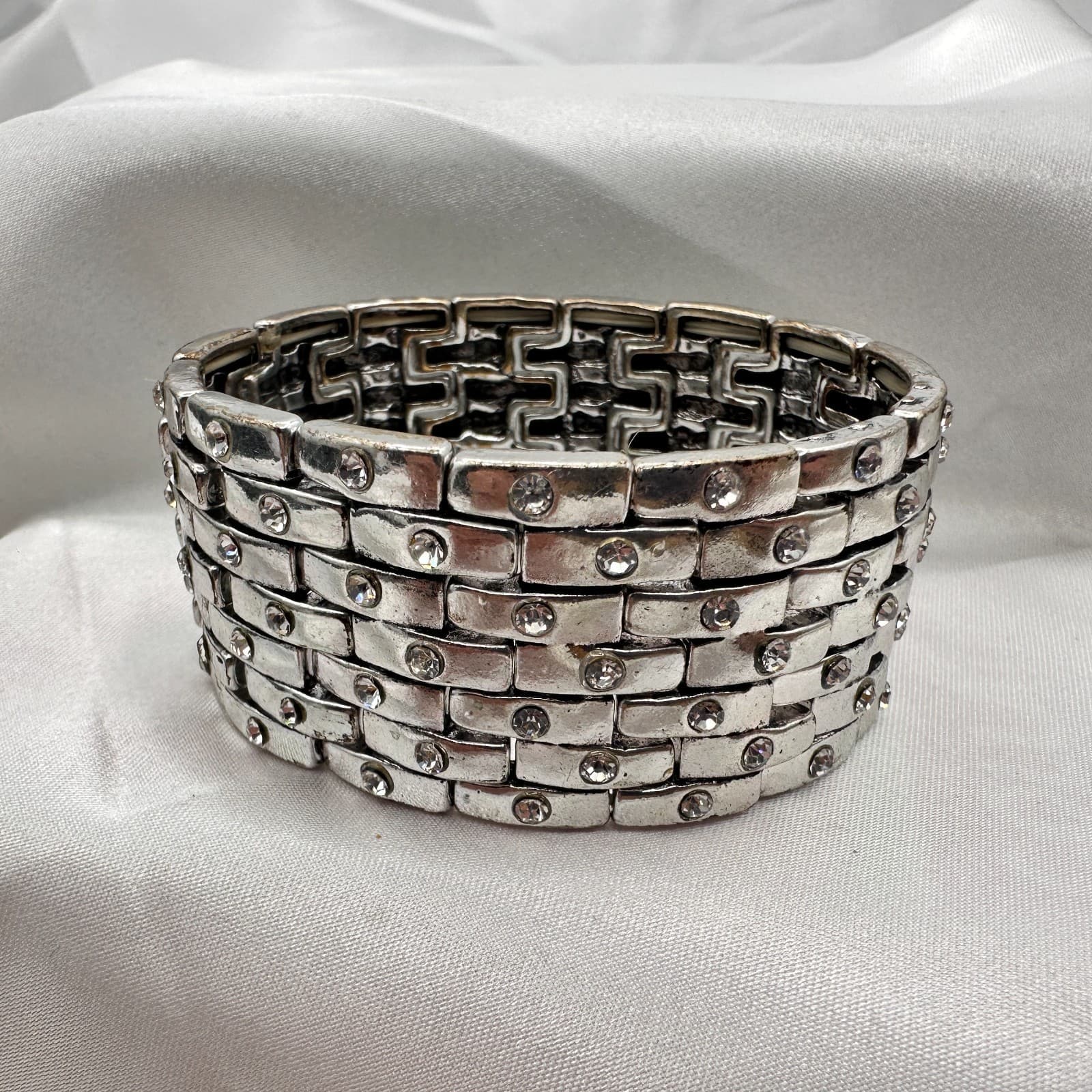 Vintage 90s Silver Tone Wide Stretch Bracelet Clear Glass Accents Boho Chunky - Image 1