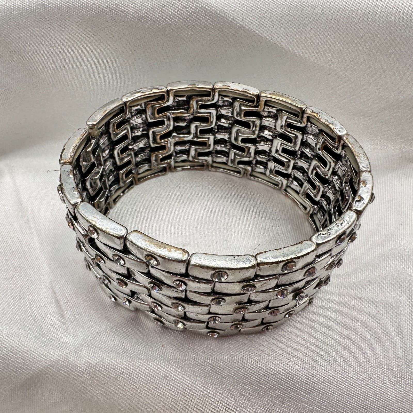 Vintage 90s Silver Tone Wide Stretch Bracelet Clear Glass Accents Boho Chunky - Thumbnail 2