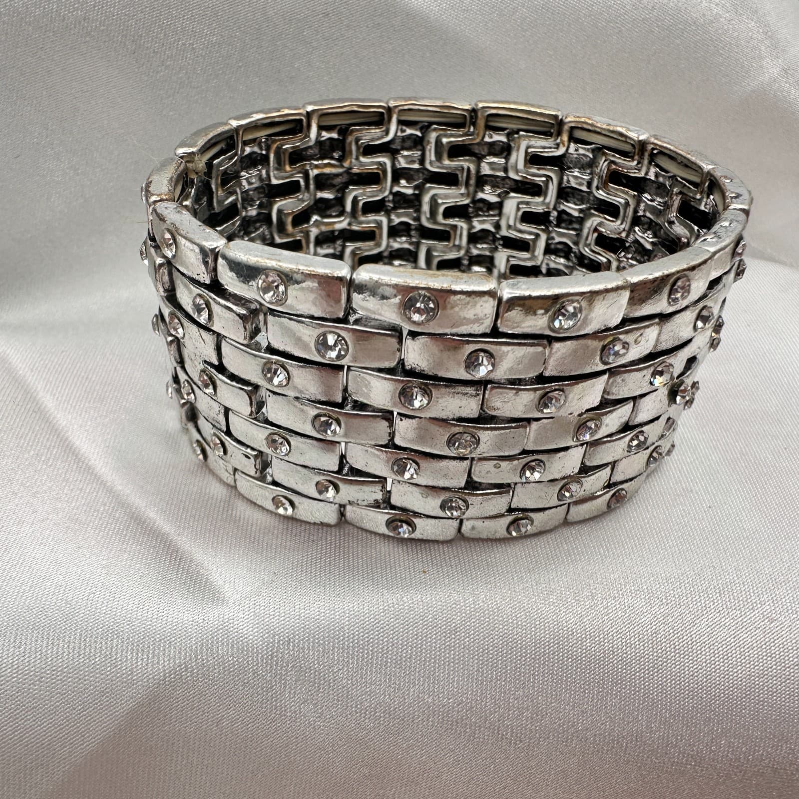 Vintage 90s Silver Tone Wide Stretch Bracelet Clear Glass Accents Boho Chunky - Thumbnail 4