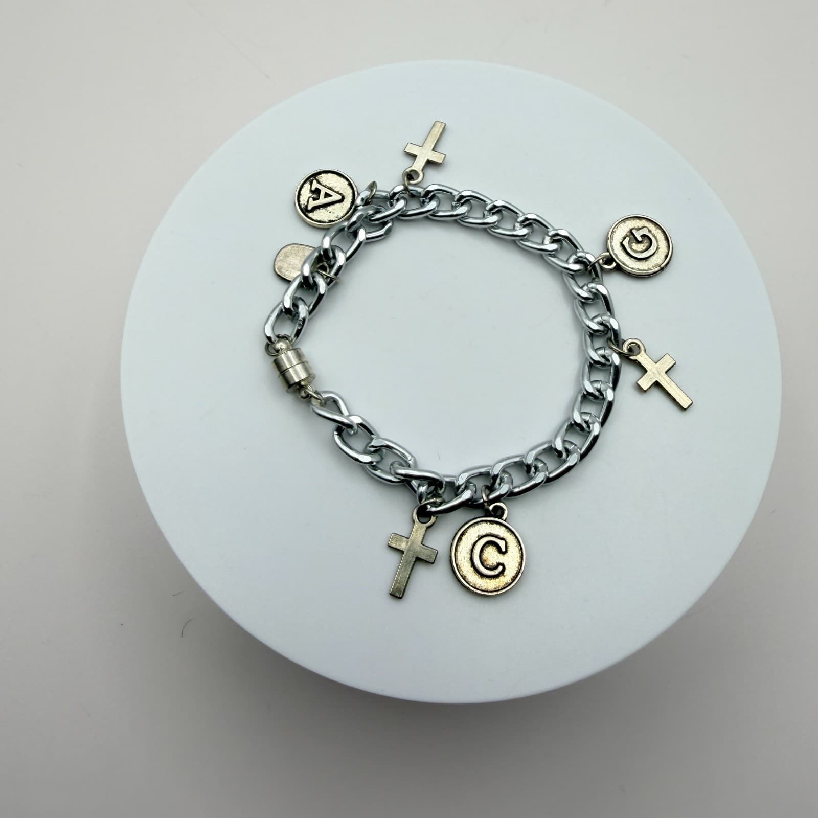 Vintage 90s Silver Tone Initial & Cross Charm Bracelet Magnetic Fashion Jewelry - Thumbnail 2