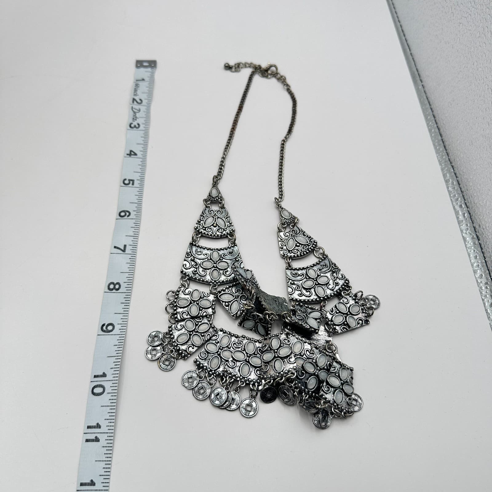 Vintage 80s Boho Tribal Necklace Silver Tone White Stone Coin Dangle - Thumbnail 6