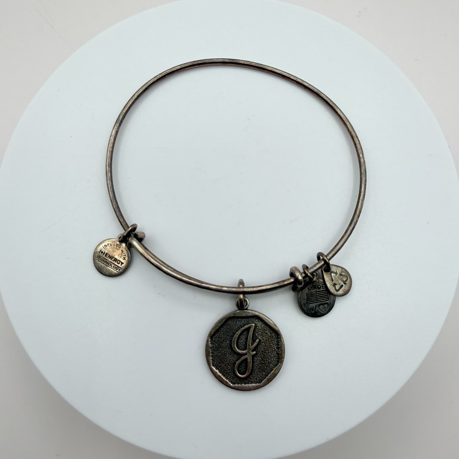 Vintage 90s Alex and Ani Silver Tone Initial Charm Bangle Bracelet Retro Jewelry - Thumbnail 2