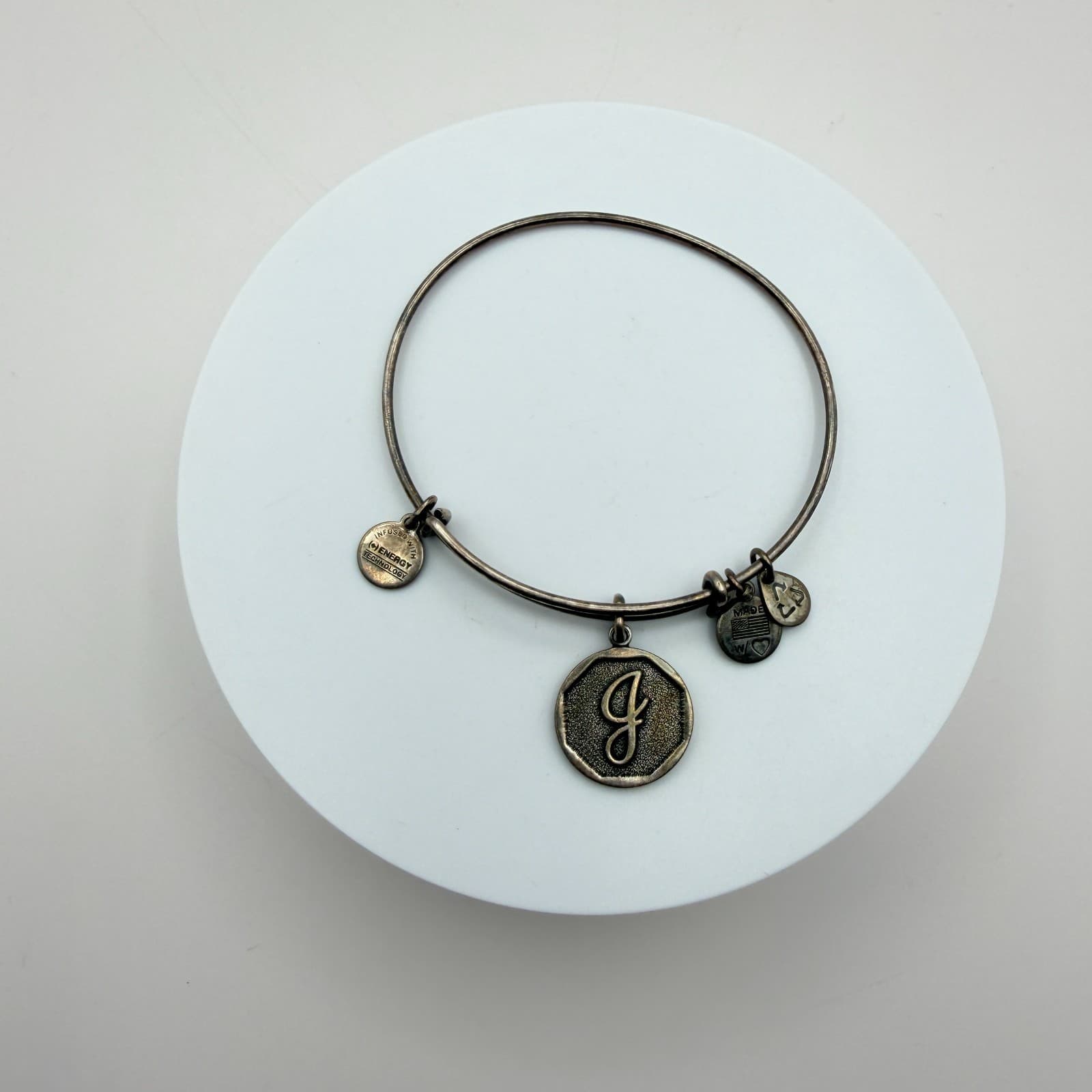 Vintage 90s Alex and Ani Silver Tone Initial Charm Bangle Bracelet Retro Jewelry - Image 1