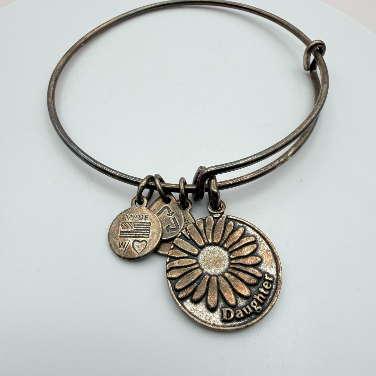 Vintage 90s Alex and Ani Silver Tone Daughter Daisy Flower Charm Bangle Bracelet - Image 1