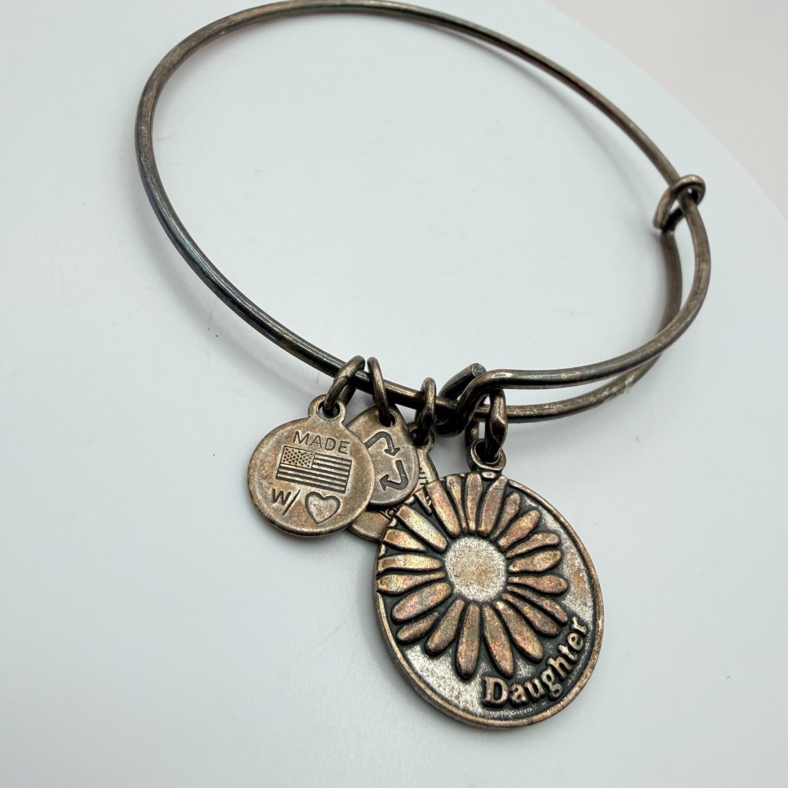 Vintage 90s Alex and Ani Silver Tone Daughter Daisy Flower Charm Bangle Bracelet - Thumbnail 3