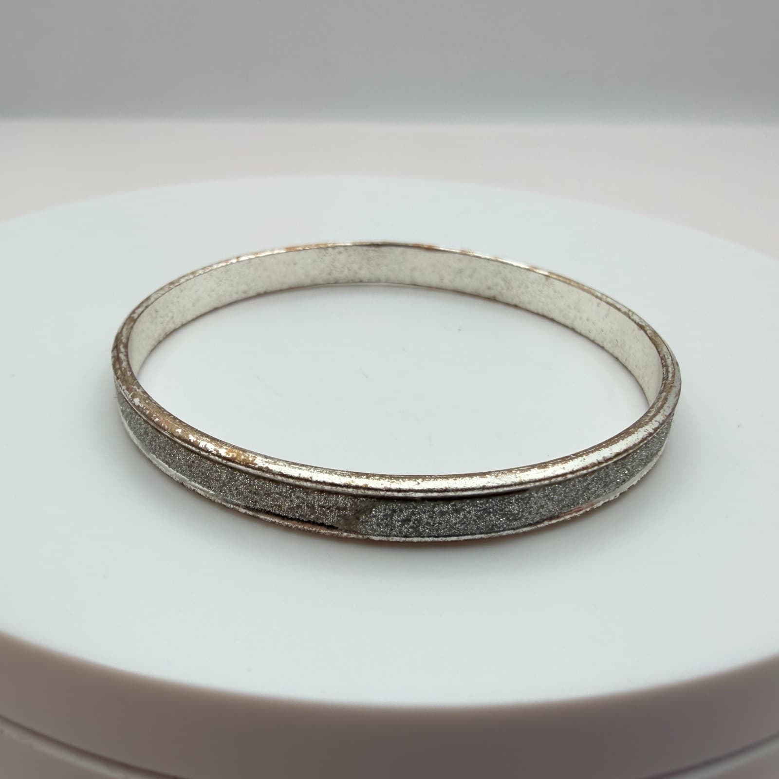 Vintage 90s Silver Tone Glitter Texture Bangle Bracelet Boho Minimalist Jewelry - Thumbnail 4