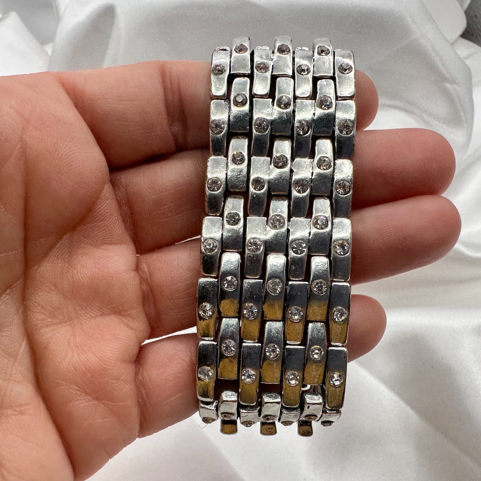 Vintage 90s Silver Tone Wide Stretch Bracelet Clear Glass Accents Boho Chunky - Thumbnail 8