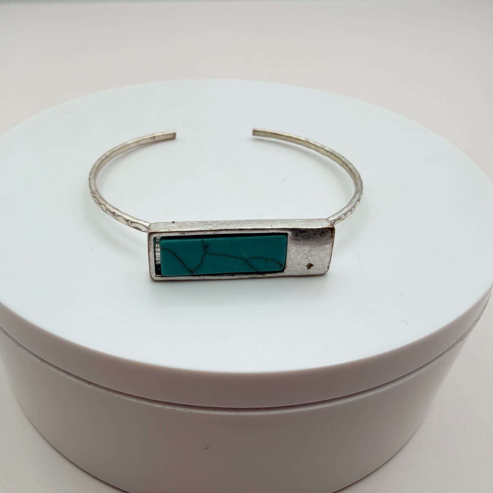 Vintage 90s Silver Tone Rectangular Faux Turquoise Cuff Bracelet Fashion Jewelry - Thumbnail 2