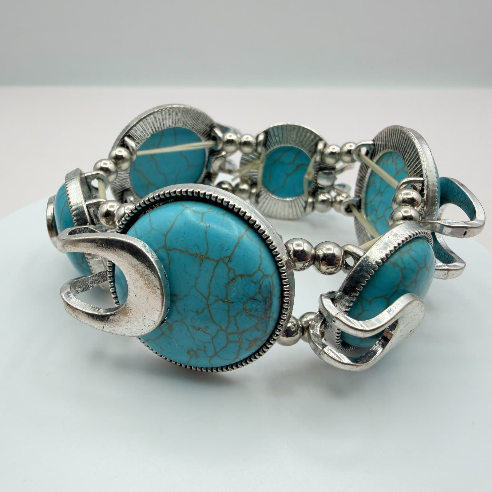 Vintage 90s Silver Tone Blue Faux Turquoise Statement Stretch Bracelet Boho - Thumbnail 3