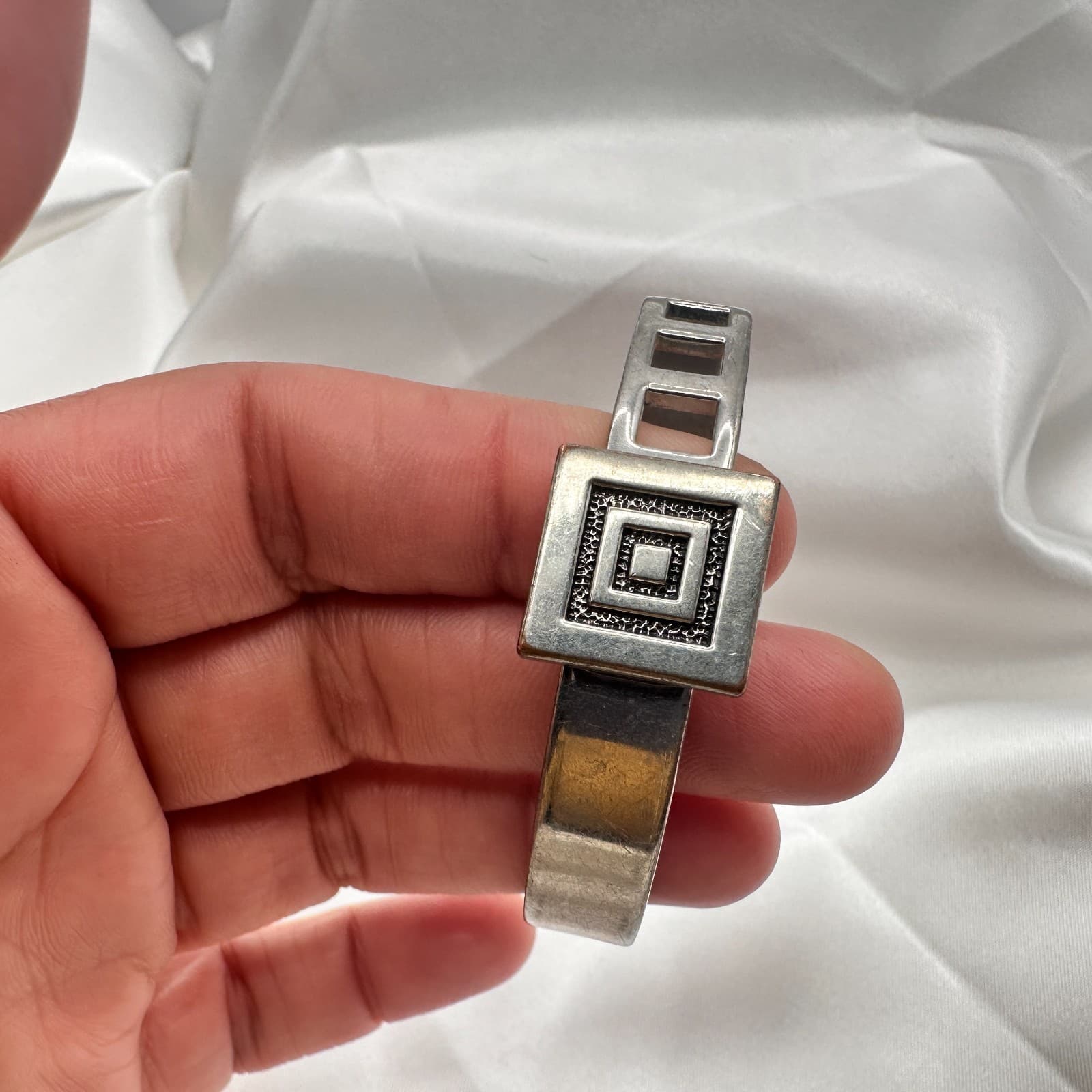 Vintage 90s Silver Tone Geometric Square Cuff Bracelet Modernist Boho Jewelry - Thumbnail 8