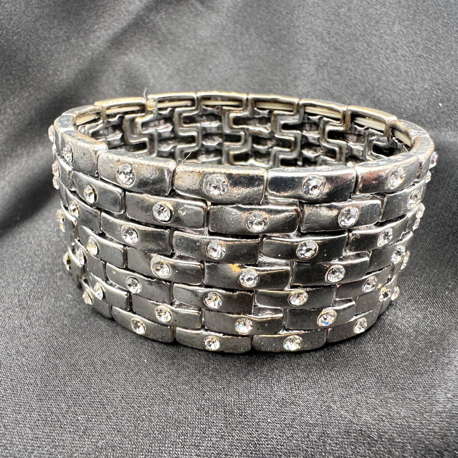 Vintage 90s Silver Tone Wide Stretch Bracelet Clear Glass Accents Boho Chunky - Thumbnail 7