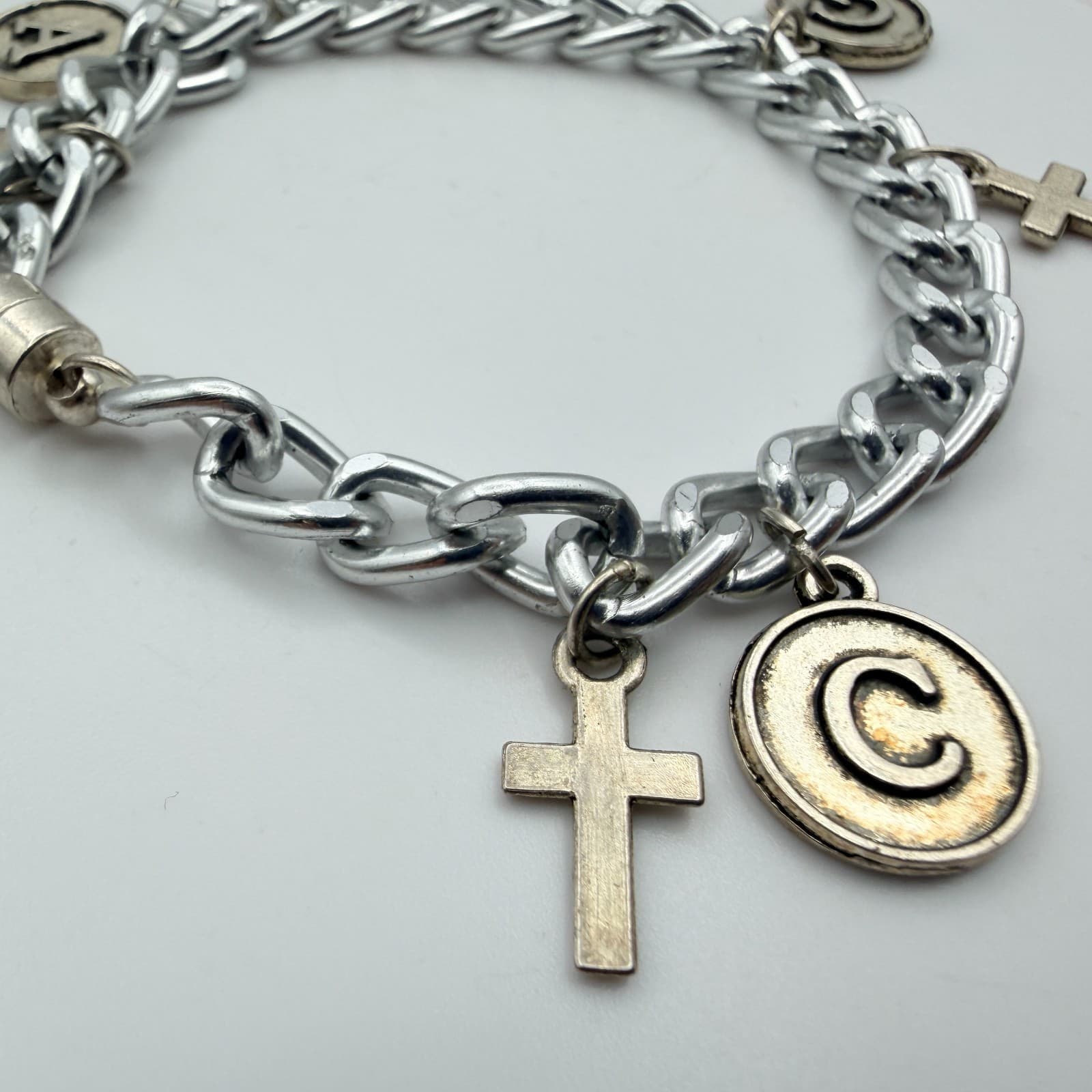 Vintage 90s Silver Tone Initial & Cross Charm Bracelet Magnetic Fashion Jewelry - Thumbnail 3