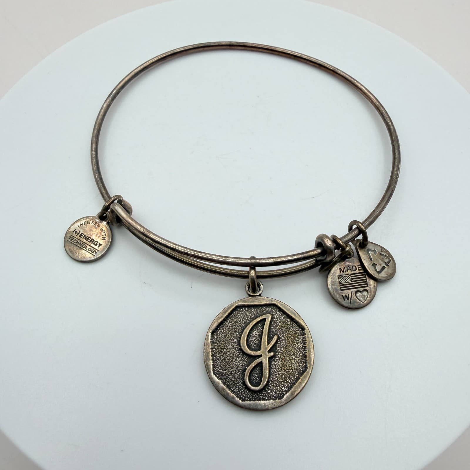 Vintage 90s Alex and Ani Silver Tone Initial Charm Bangle Bracelet Retro Jewelry - Thumbnail 3