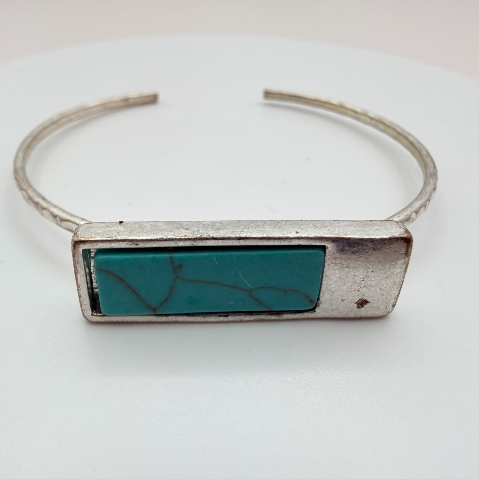 Vintage 90s Silver Tone Rectangular Faux Turquoise Cuff Bracelet Fashion Jewelry - Image 1