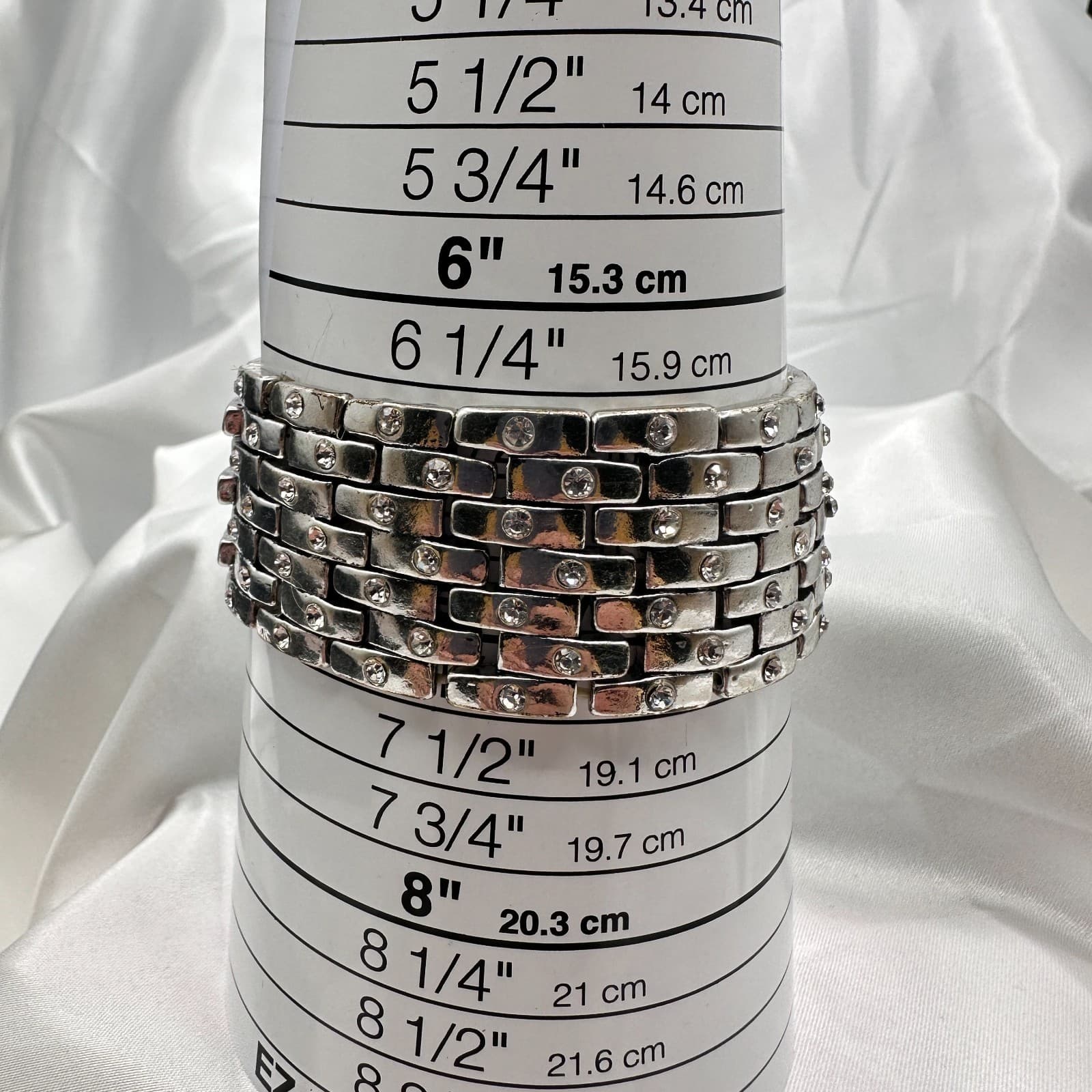 Vintage 90s Silver Tone Wide Stretch Bracelet Clear Glass Accents Boho Chunky - Thumbnail 9