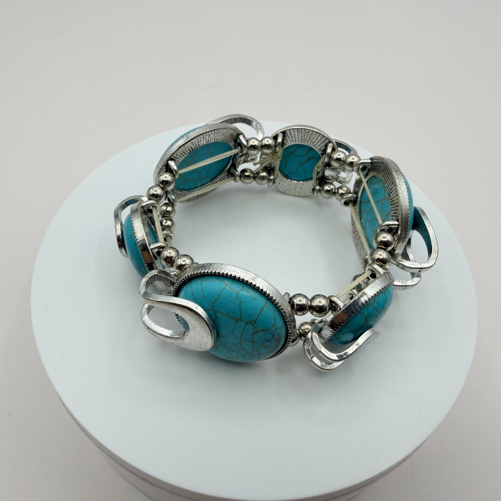 Vintage 90s Silver Tone Blue Faux Turquoise Statement Stretch Bracelet Boho - Thumbnail 5
