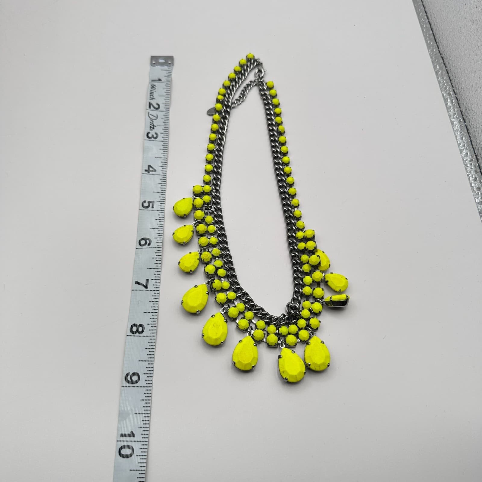 Vintage 90s Yellow Glass Bib Statement Silver Tone Necklace Fashion Jewelry - Thumbnail 8