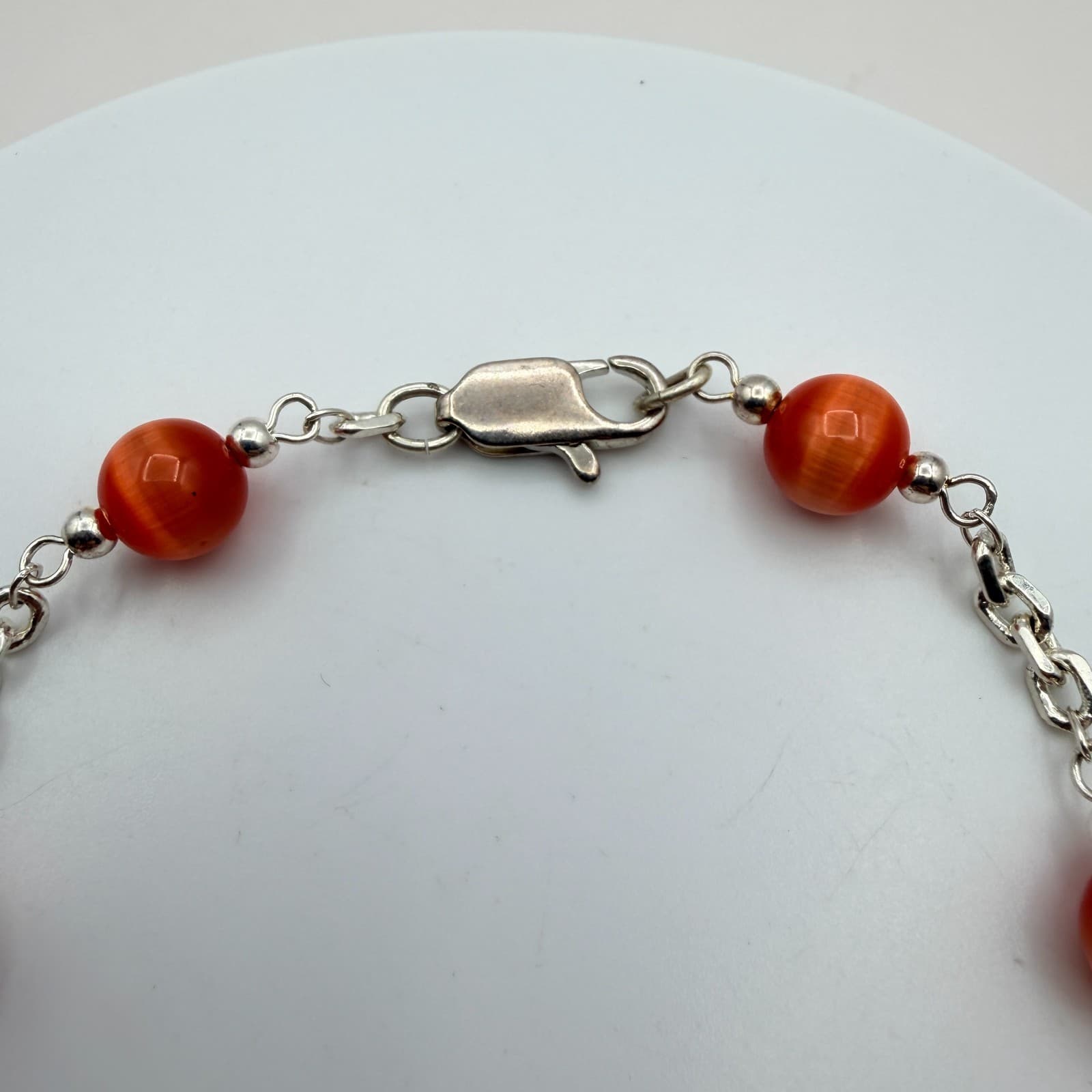 Vintage 90s Women's Silver Tone Chain Burnt Orange Bead Station Bracelet Jewelry - Thumbnail 3
