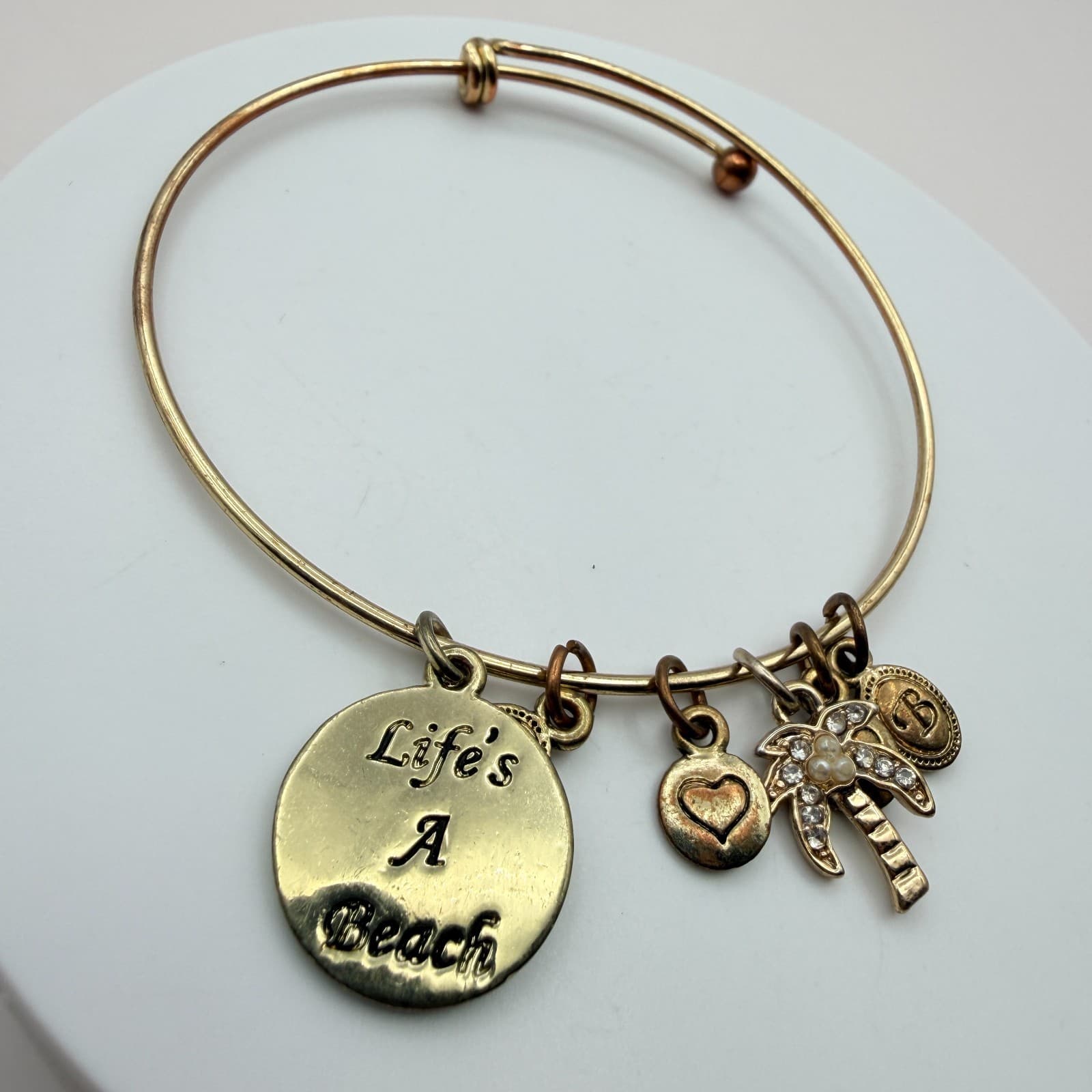 Vintage 90s Gold Tone Bangle Bracelet Palm Tree Heart Life’s A Beach Charm Glass - Thumbnail 3