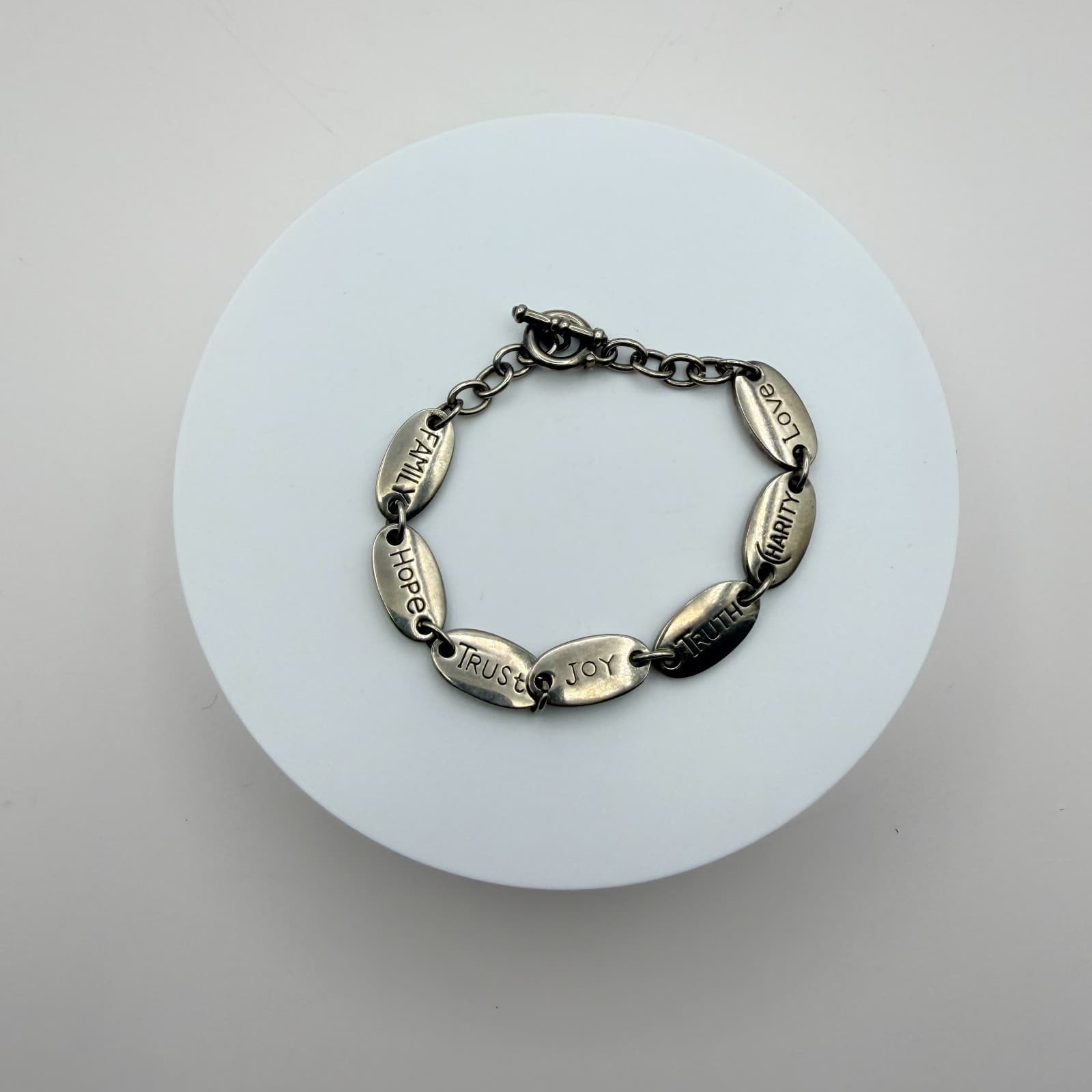 Vintage 90s Silver Tone Inspirational Message Oval Link Bracelet Fashion Jewelry - Thumbnail 2