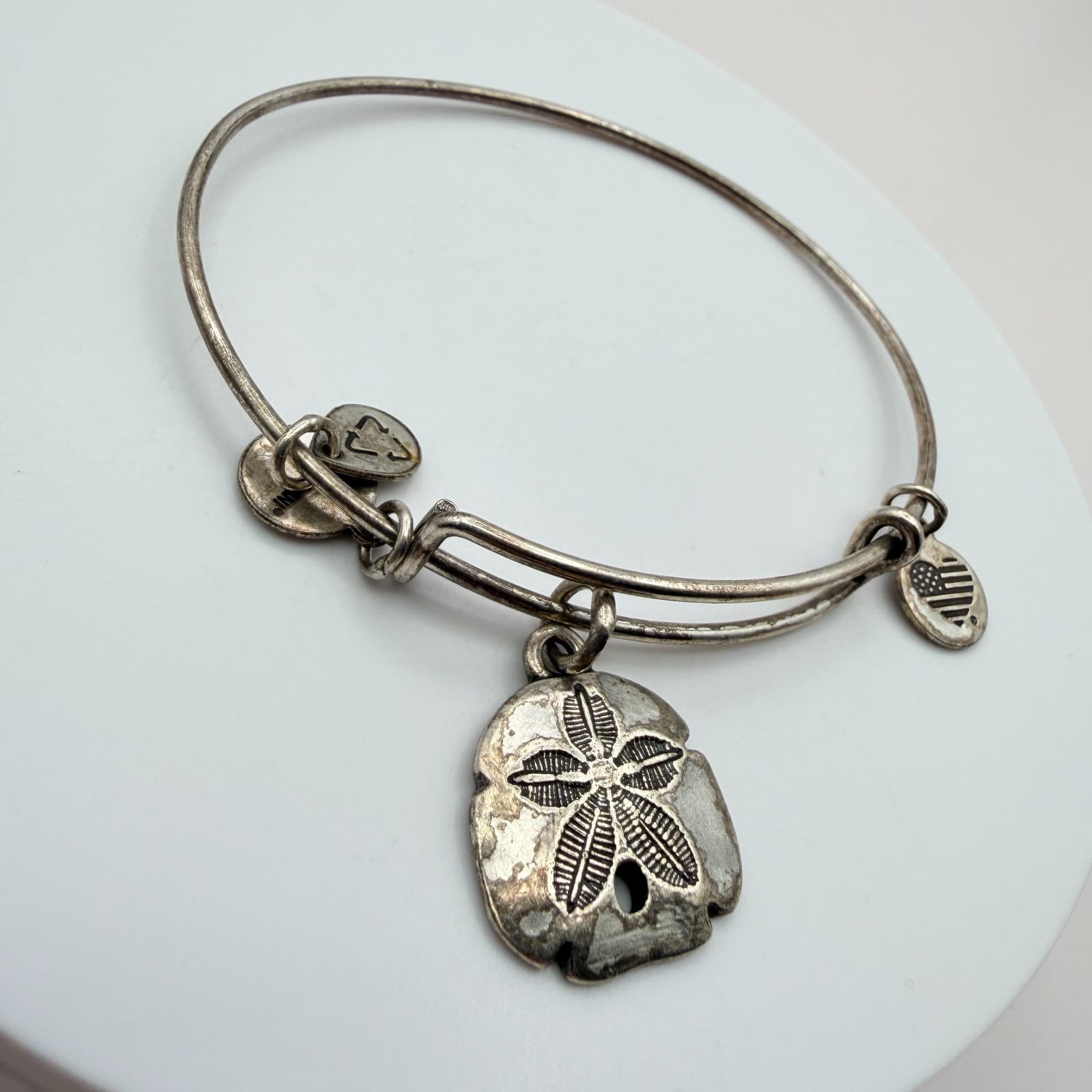 Vintage 90s Alex and Ani Sand Dollar Bangle Bracelet Silver Tone Coastal Jewelry - Thumbnail 4