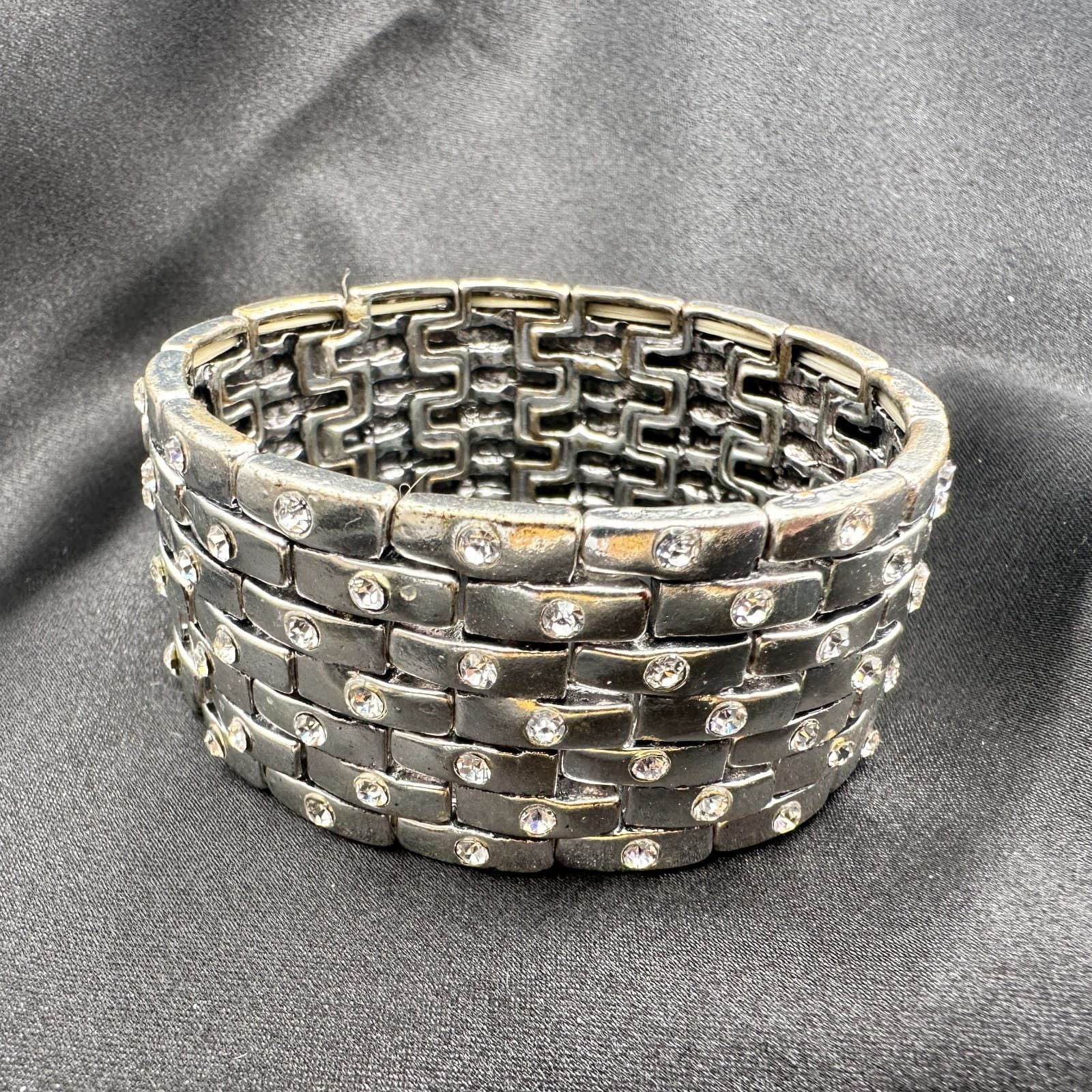 Vintage 90s Silver Tone Wide Stretch Bracelet Clear Glass Accents Boho Chunky - Thumbnail 5