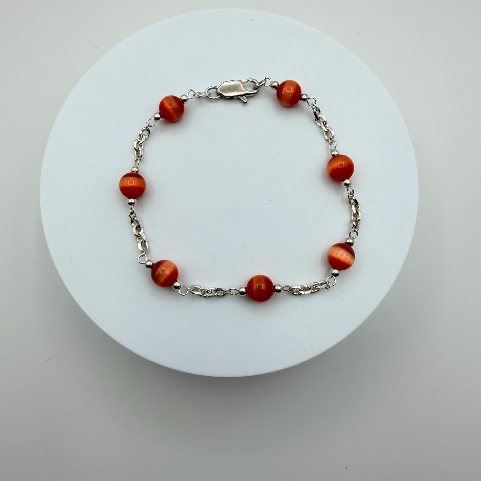 Vintage 90s Women's Silver Tone Chain Burnt Orange Bead Station Bracelet Jewelry - Thumbnail 2